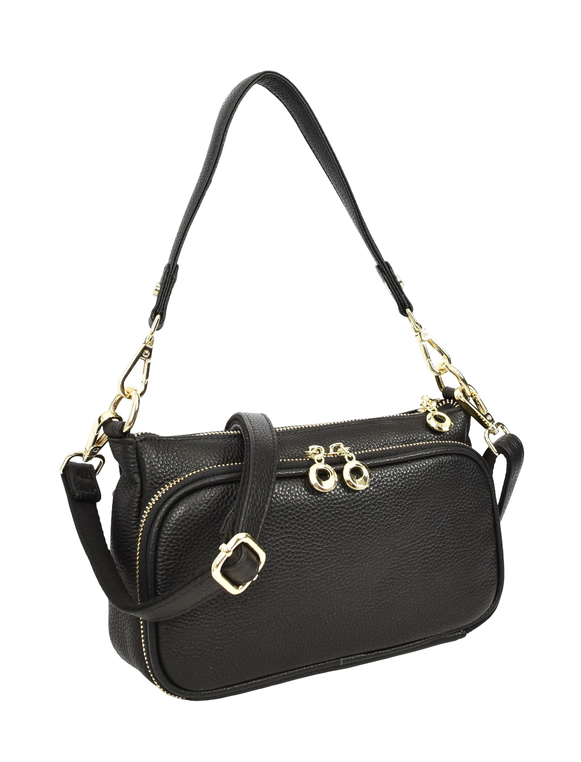 Borsa a tracolla da donna in vera pelle, multi scomparto con manico corto staccabile, Georgina