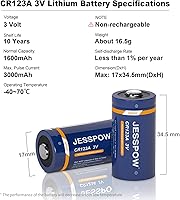 Vista 5 de JESSPOW Paquete de 48 baterías de litio CR123A de 3 V, batería CR123A, 123 baterías de litio para linterna, alarma, micrófonos con sensor