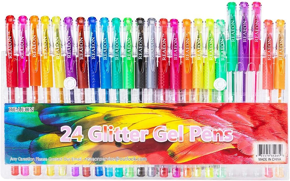 Glitter Gel Pens, 24 Color Gel Pen Glitter Markers for Bullet Journal, Medium Point Drawing Pen for Adult Coloring Books Doodling, 40% More Ink & Great Gift Idea for Kids