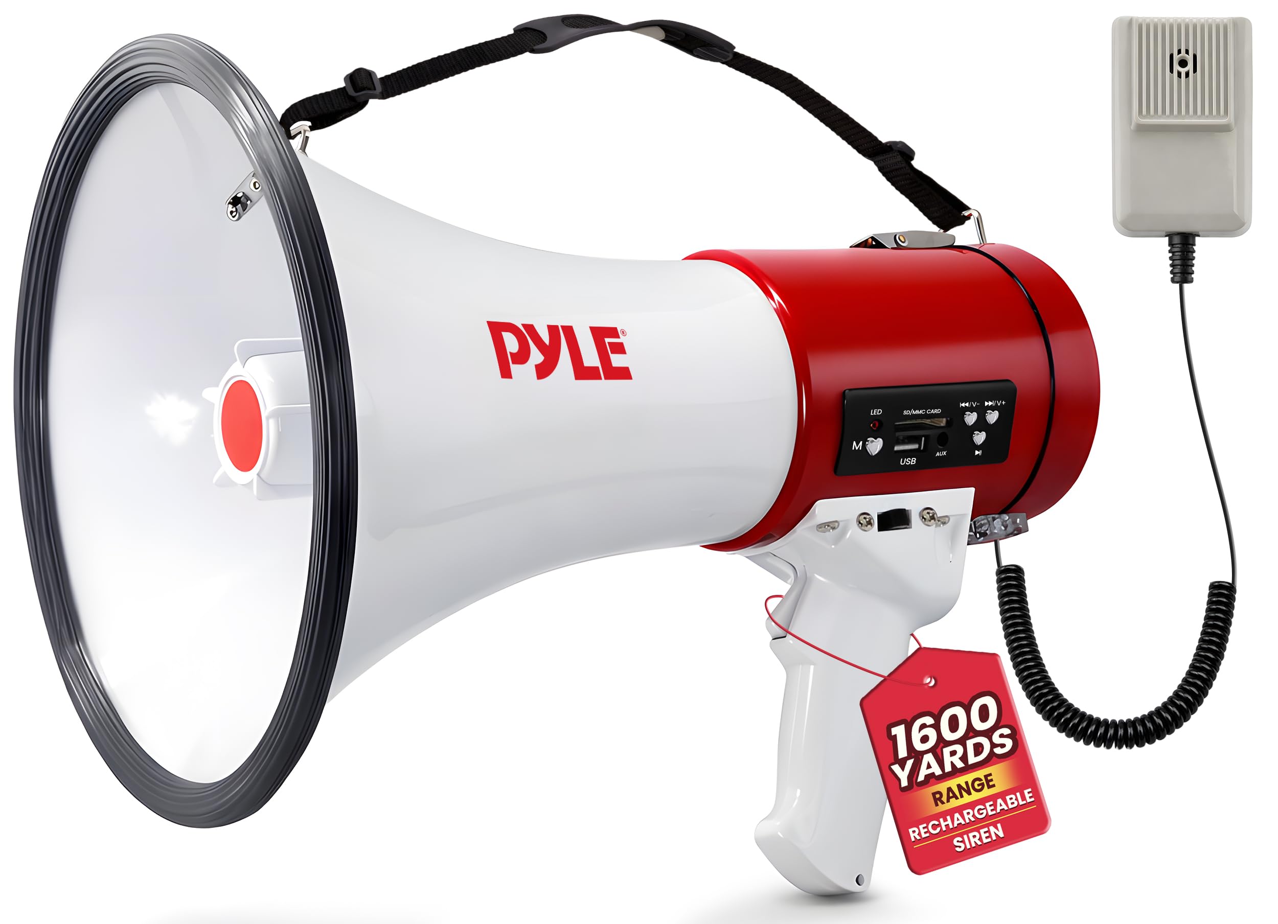 Megaphone 50-Watt Siren Bullhorn - Bullhorn Speaker w/Detachable Microphone, Portable Lightweight Strap & Rechargeable Battery - Professional Outdoor Voice for Police & Cheerleading - PMP57LIA