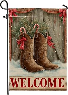 Boots Garden Flag, Christmas Rustic Ribbons Pine Xmas Brown Double Sided Burlap Decorative Outside Flags for Outdoor Patio Lawn Porch Entrance Campsite 12x18 Inch