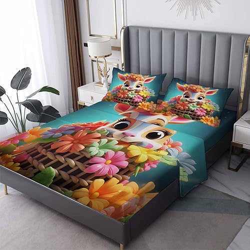 Sábanas de ciervo tamaño Queen, sábanas de dibujos animados de flores, juego de sábanas y fundas de almohada de 4 piezas, sábana bajera ajustable de