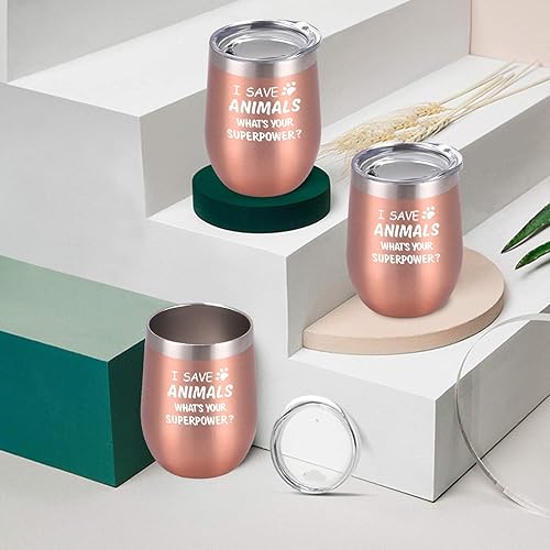 Miniatura 6 de Paquete de 4 vasos de vino con tapa con texto en inglés "I Save Animals, Whats Your Superpower", de acero inoxidable, ideas de cumpleaños y Navidad