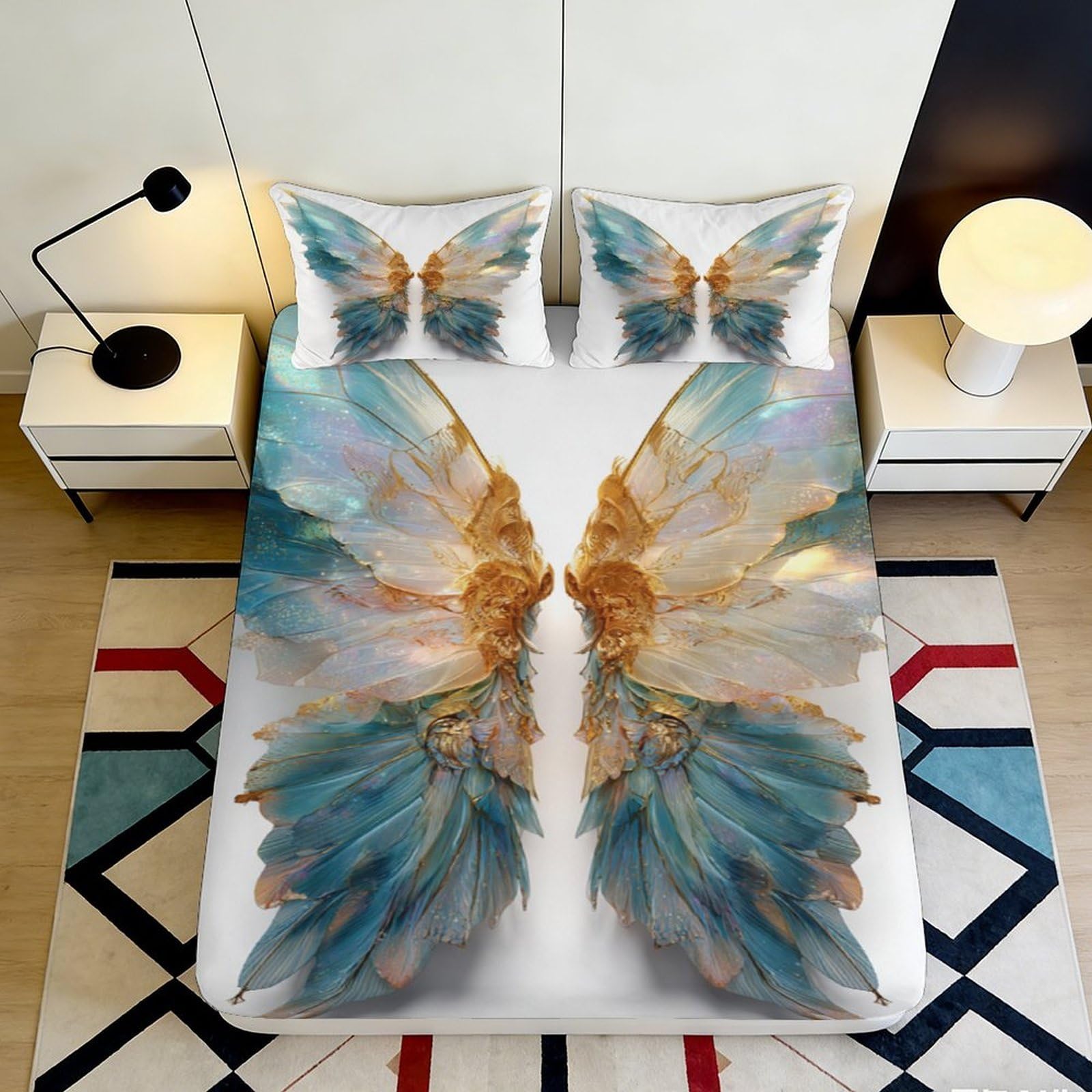 3D Printed Blue Gold Butterfly Wings Fitted Sheet Microfiber Soft Breathable 3D Printed Butterfly Pattern Mattress Cover for Bedroom Dormitory Guest Room 140x200x25cm