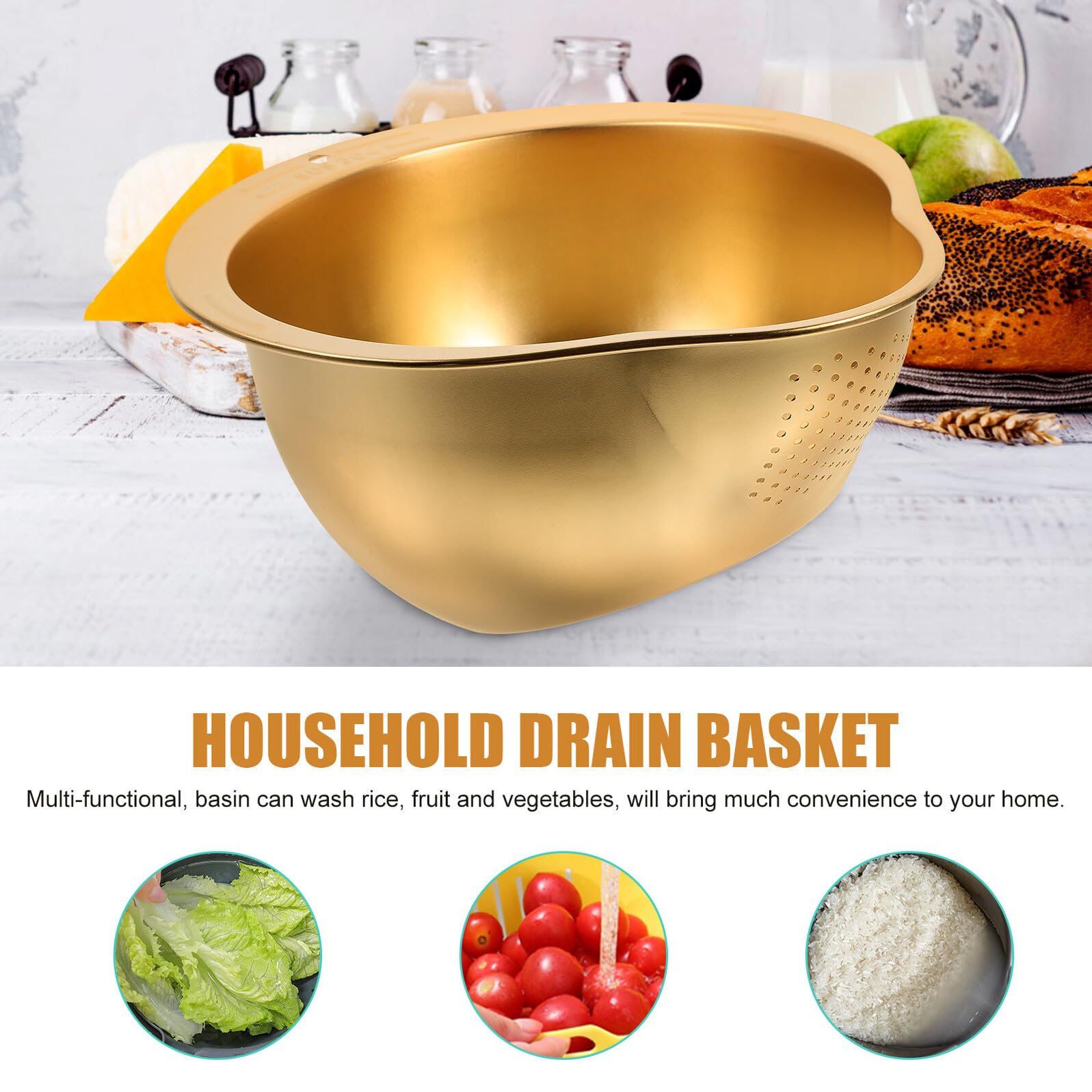 Cesta de Lavado de Acero Inoxidable Dorado para Cocina, Multiusos | Malla Fina, Enjuague de Arroz y Verduras, Superficie Lisa, Elimina Impurezas y Sedimentos, Uso Diario