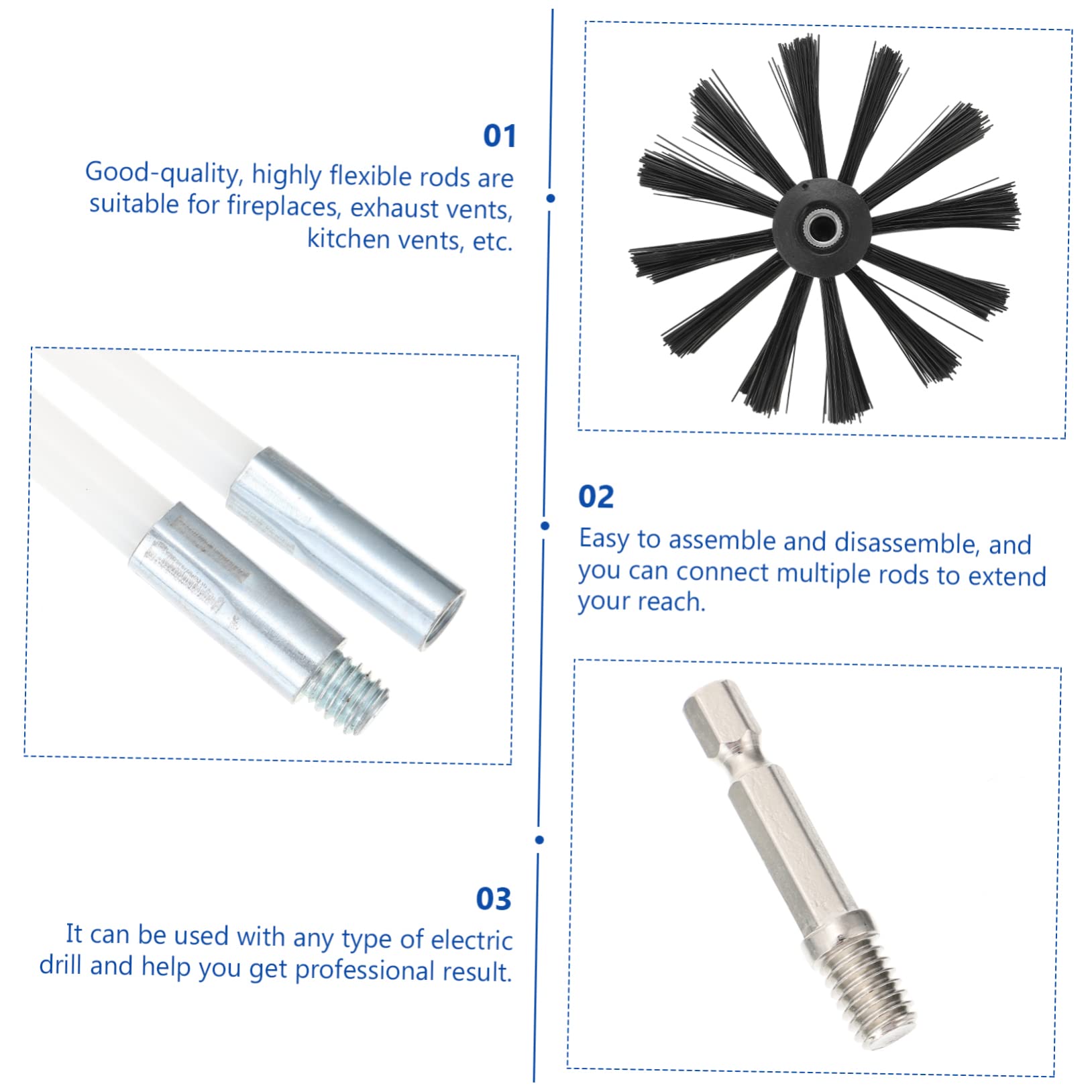 Set Spazzola Canna Fumaria 12 Pezzi Bianco per Pulizia Stufa | Nailon e Pe, Aste Smontabili e Allungabili, per Condotto Cucina e Sfiato, Pulizia Completa
