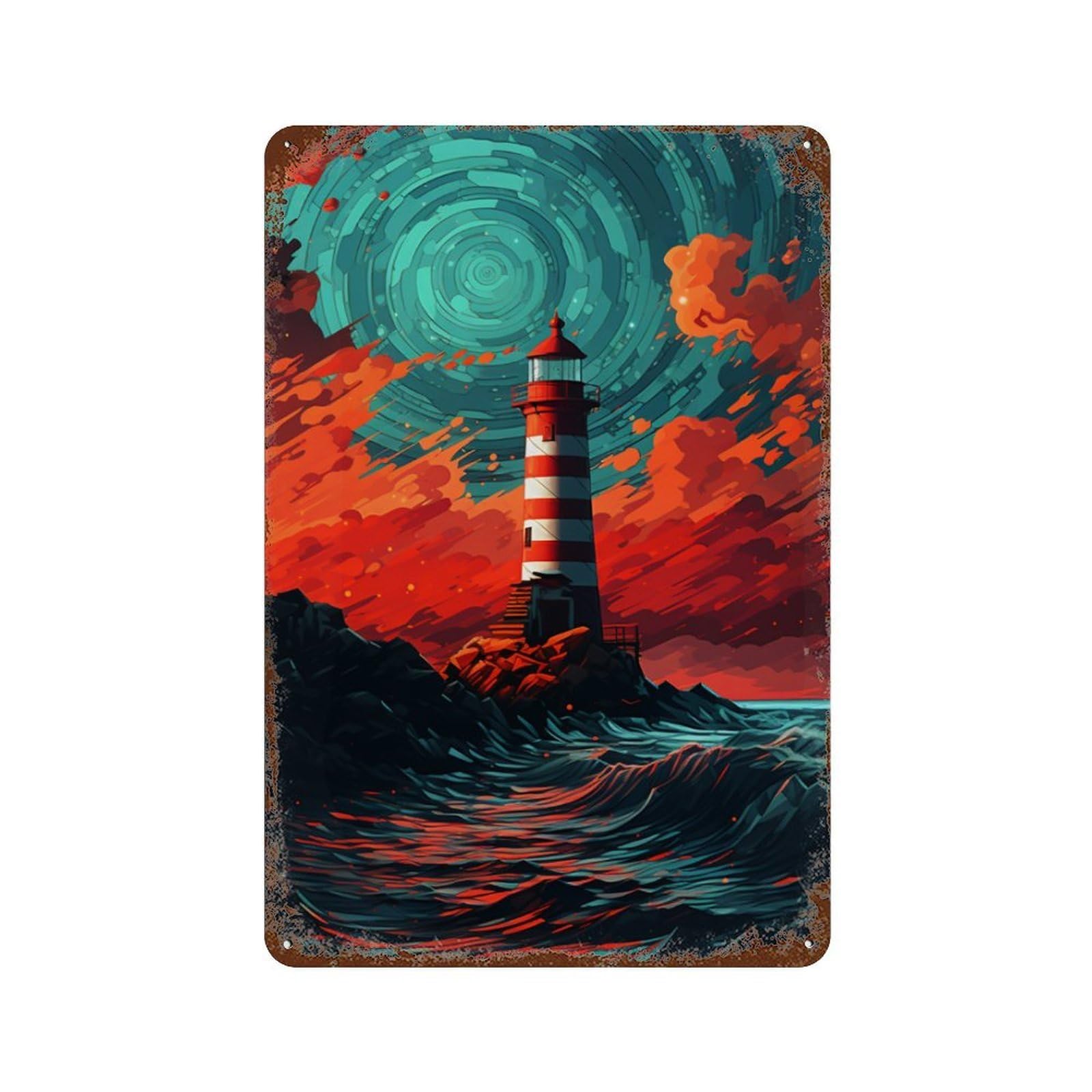 Stormy Lighthouse Painting Vintage Rust Metal Sign 11.8"x7.9", for Patio, Garden Room And Bar Decor, Novelty Wall Decor
