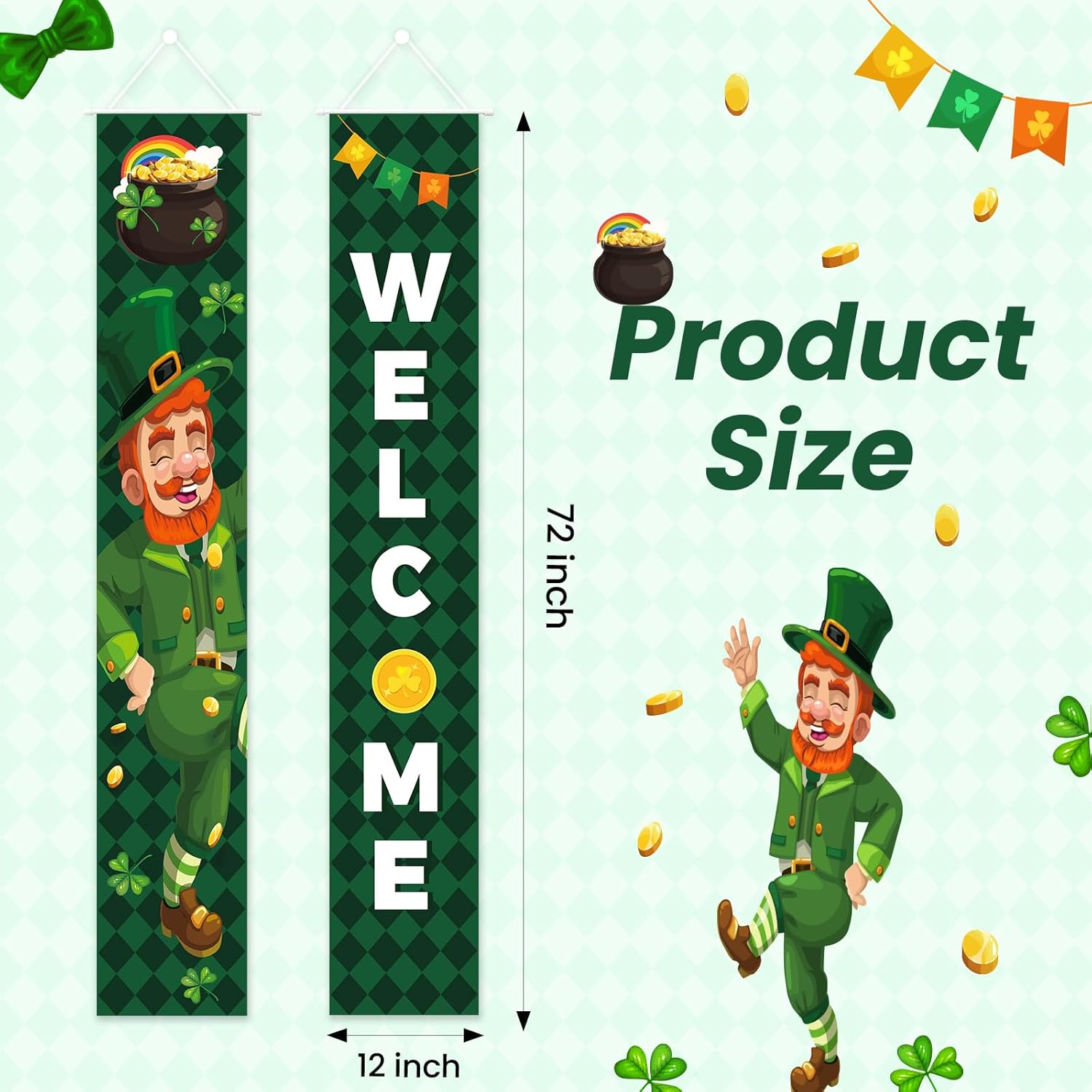 St. Patrick's Day Gnomes Banner for Front Door, 72×12'' Leprechaun Welcome Porch Banners, Gold Coins Lucky Shamrock Hanging Decorations for Home Wall Indoor and Outdoor, Party Supplies