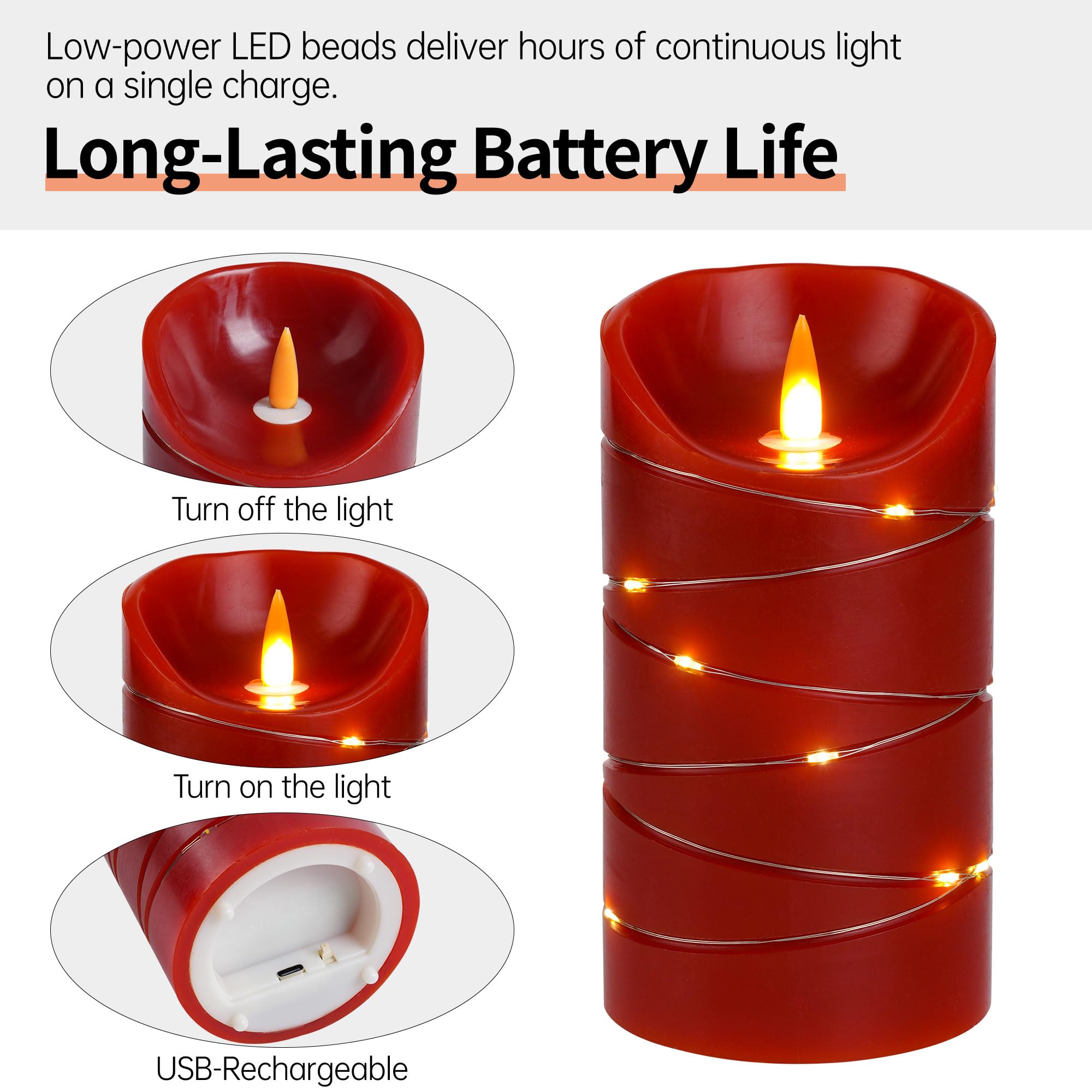 Candele LED senza fiamma, ricaricabile, senza fiamma, con filo a stella incorporato, set di 3 candele LED, con telecomando a 11 pulsanti, funzione timer 24 ore, fiamme danzanti, vera cera.