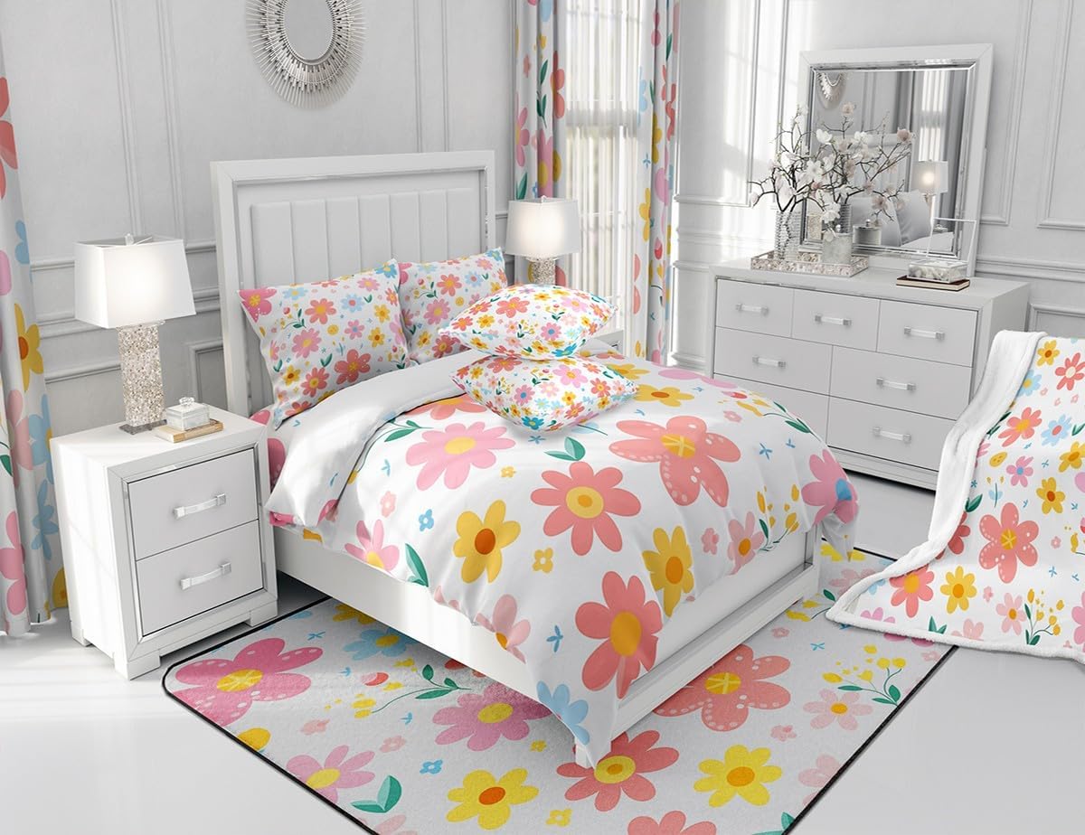 Feelyou Cute Flower Bedding Set Twin Size Kids Cartoon Cute Floral Comforter Cover Set for Kids Girls Teens Toddler Yellow Pink Duvet Cover Kawaii Bedspread Cover 2Pcs - Image 7