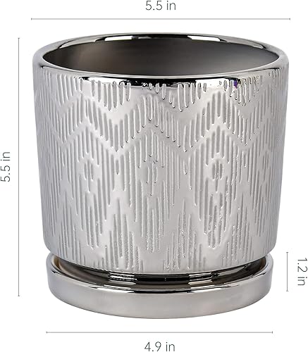 Miniatura 3 de Ton Sin Macetas plateadas, macetas para suculentas de 5.5 pulgadas con drenaje, macetas redondas de cerámica para interiores con platillo, macetas