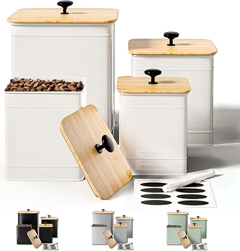 Juego de 4 recipientes de cocina para encimera, con etiquetas personalizables para pizarra y rotulador, recipientes grandes de hierro con tapas