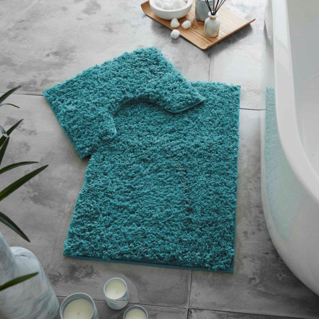 Artistic Fashionista* Luxury Zero Twist Teddy Anti Slip 2 Pcs Super Soft Bath Mat & Pedestal Set Water Absorbent Bathroom Rug & Toilet Set (Teal)