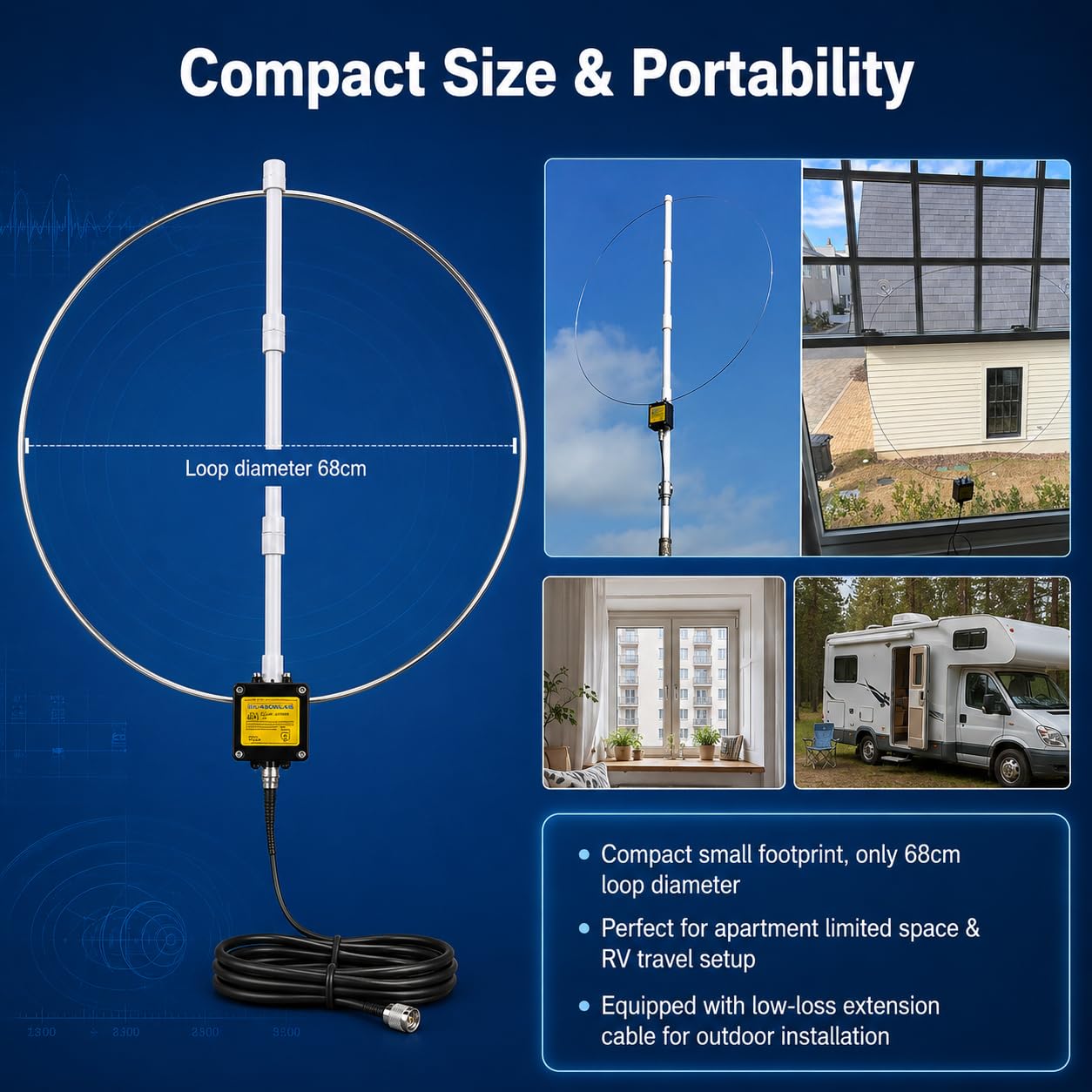K-480WLA Antenne radio portable à ondes courtes 0,5 MHz-500 MHz Antenne radio pleine bande LW/MW/SW/FM/VHF/HF/Air 6 mètres 30 dBi SDR Ham Antenne radio avec batterie 1800 mAh (filtre intégré)