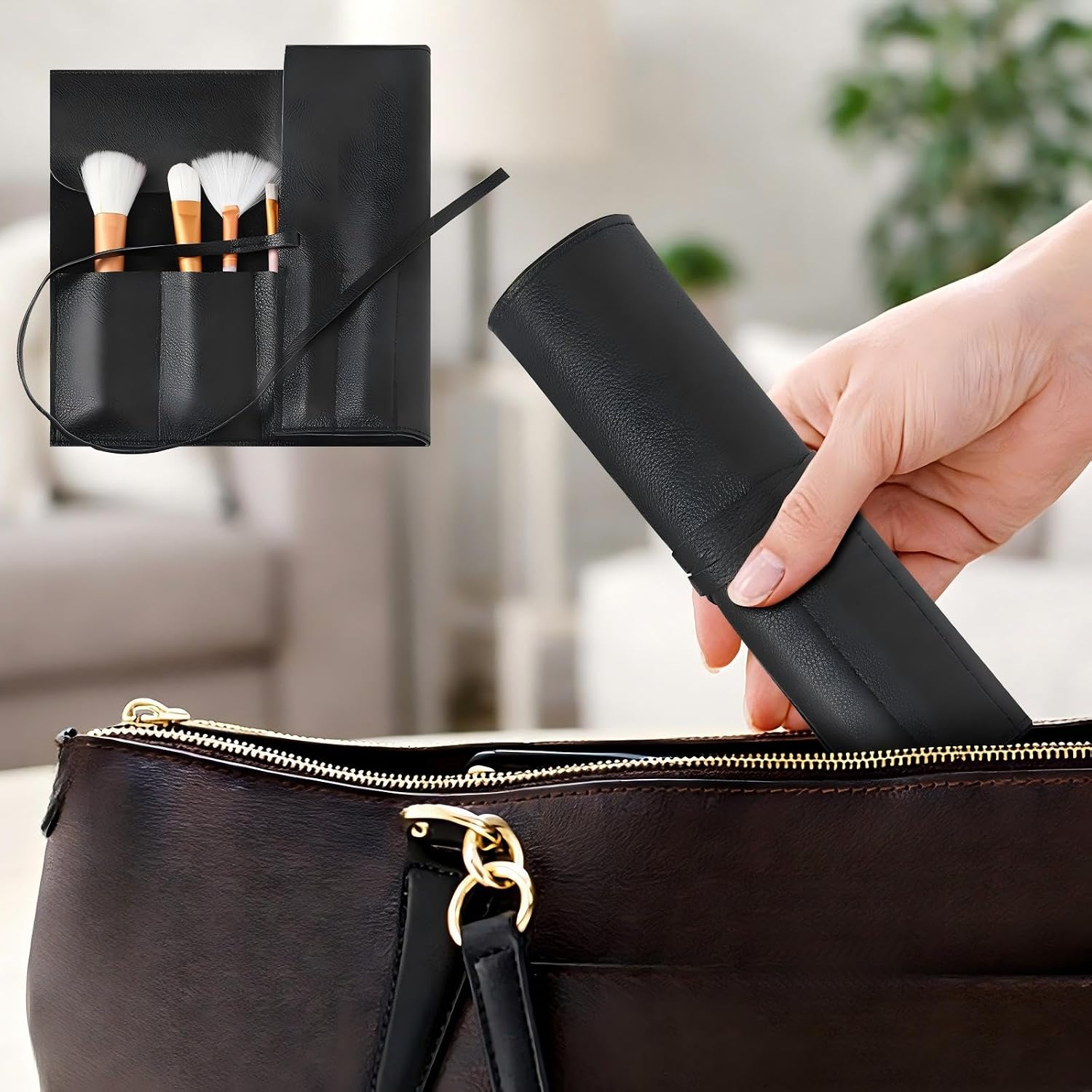 Kacctyen Black Leather Makeup Brush Roll, Full Grain Leather Organizer with 8 Brush Slots, Travel-friendly Cosmetic Tool Holder for Makeup Artists & Beauty Enthusiasts