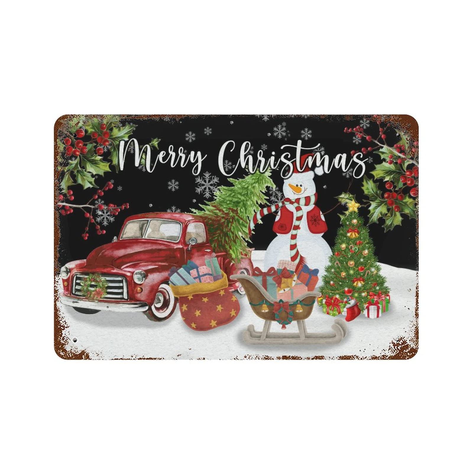 Plaque en métal Merry Christmas avec bonhomme de neige et camion rouge rétro 30x45 cm