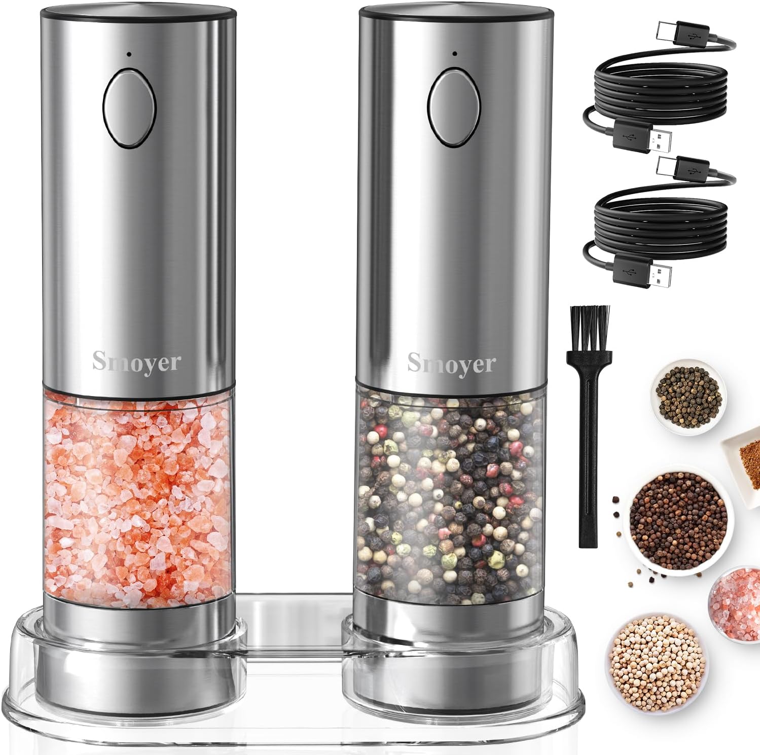 Electric Salt and Pepper Grinder Set, Smoyer Stainless Steel Automatic Salt and Pepper Grinder Mill, Electric Pepper Shakers Set with Adjustable Coarseness and LED Light, Upgraded Larger Capacity
