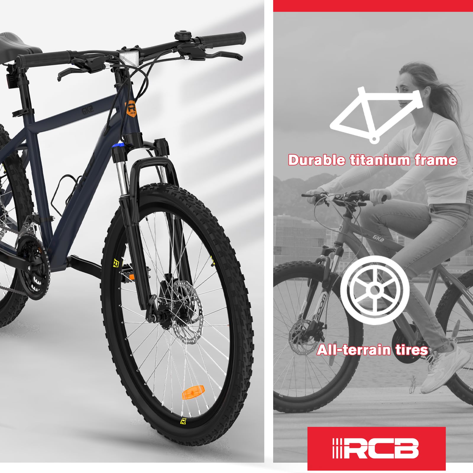 RCB GK2 26"-Mountainbike, 21-Gang-Kettenschaltung, Aluminiumrahmen, Federgabel, mechanische Scheibenbremsen, Getränkehalter, ideal für Freizeit und Fitness, geeignet für Jugendliche und Erwachsene