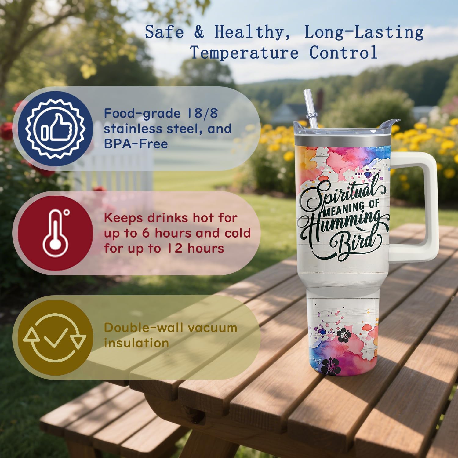 40oz Hummingbird Tumbler with Handle and Straw, Bird Stainless Steel Insulated Cup with Lid and Straw, Travel Coffee Mug Water Bottle, Birthday Mothers Day Gifts for Women Men Animal Lovers - Image 3