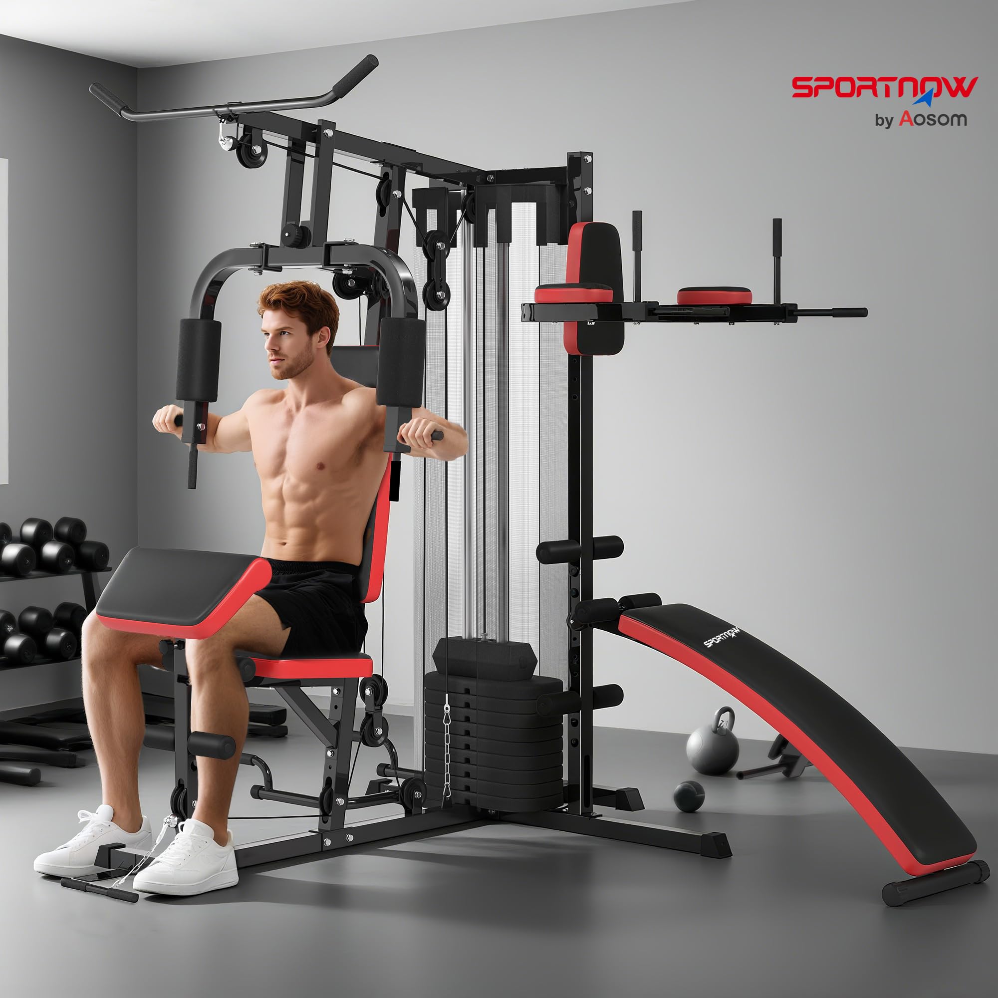 SPORTNOW Station Multi Gym avec Poids de 65 kg, Équipement de Musculation avec Banc pour Abdominaux, Support pour Pompes, Station de Dips, Réglable, pour Entraînement Complet