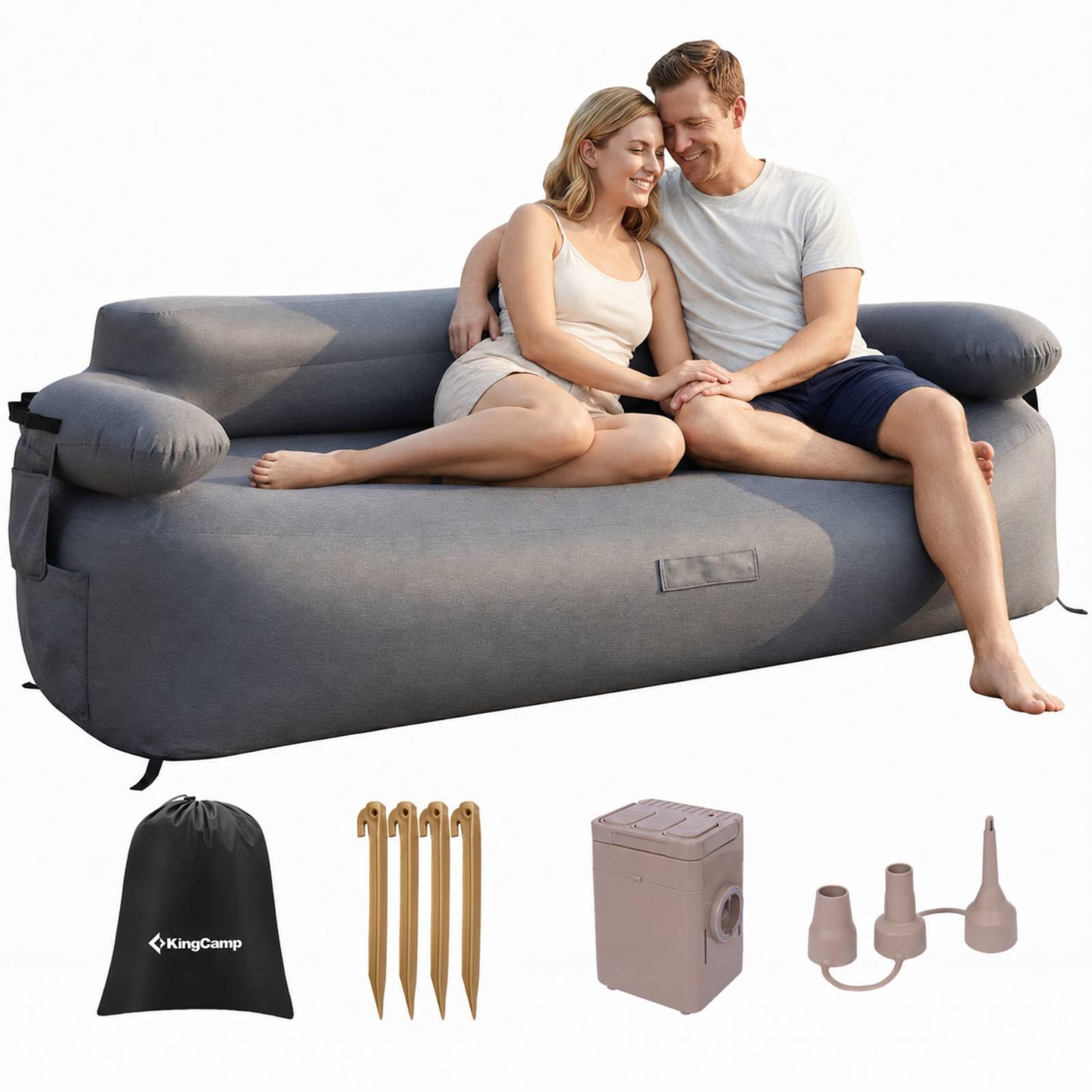 KingCamp Aufblasbares Sofa Camping mit Elektropumpe, 400 kg Belastbar Luftsofa Outdoor, Tragbarer Doppel Camping Couch Aufblasbar, Wasserdichtes Luft Sofa für 2 Personen, Reisen Strand Garten, Grau