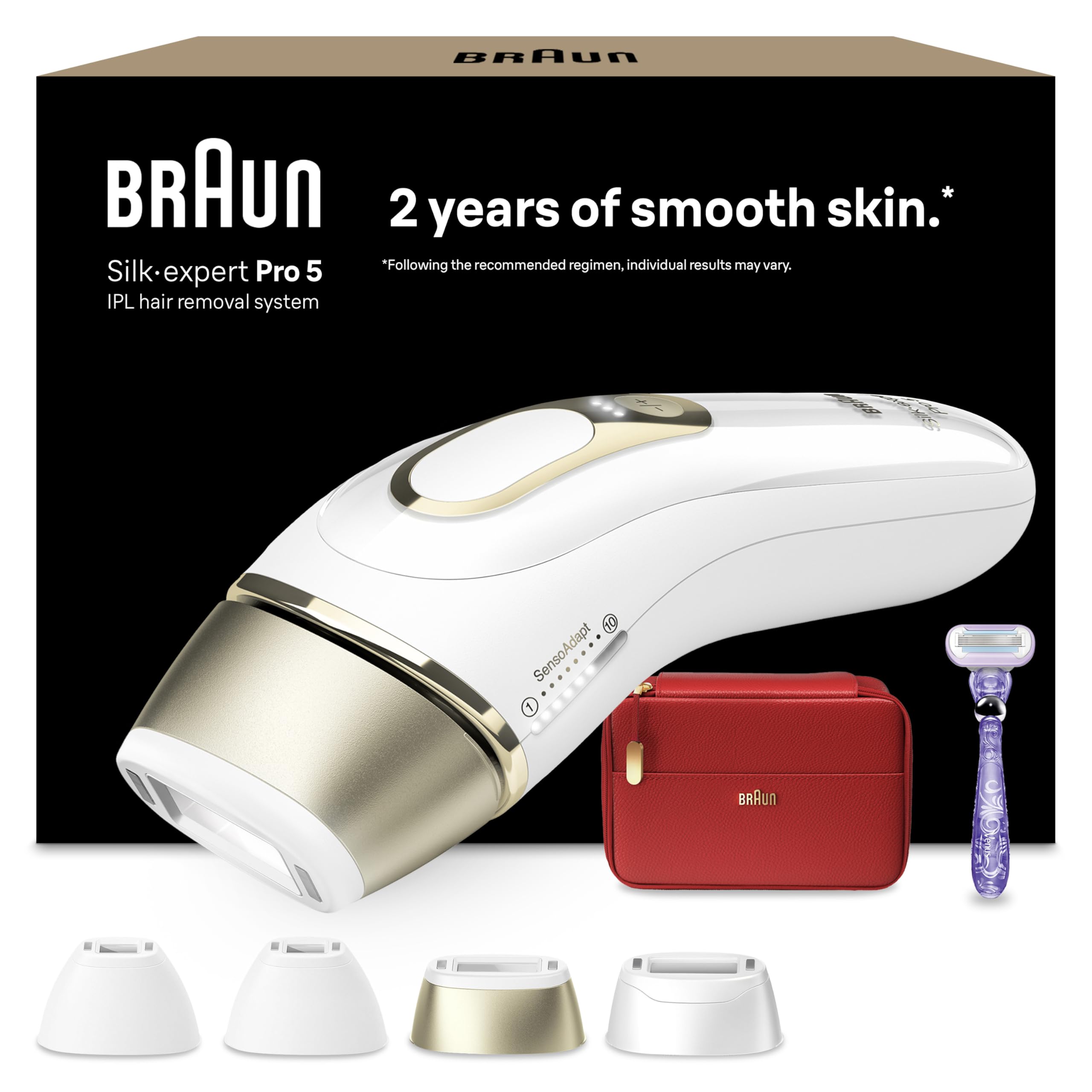 Braun IPL Silk Expert Pro 5, At Home Hair Removal, Alternative For Laser Hair Removal, Includes Pouch, Wide Head, 2 Precision Heads And Venus Razor, Gift For Women, White/Gold, PL5387