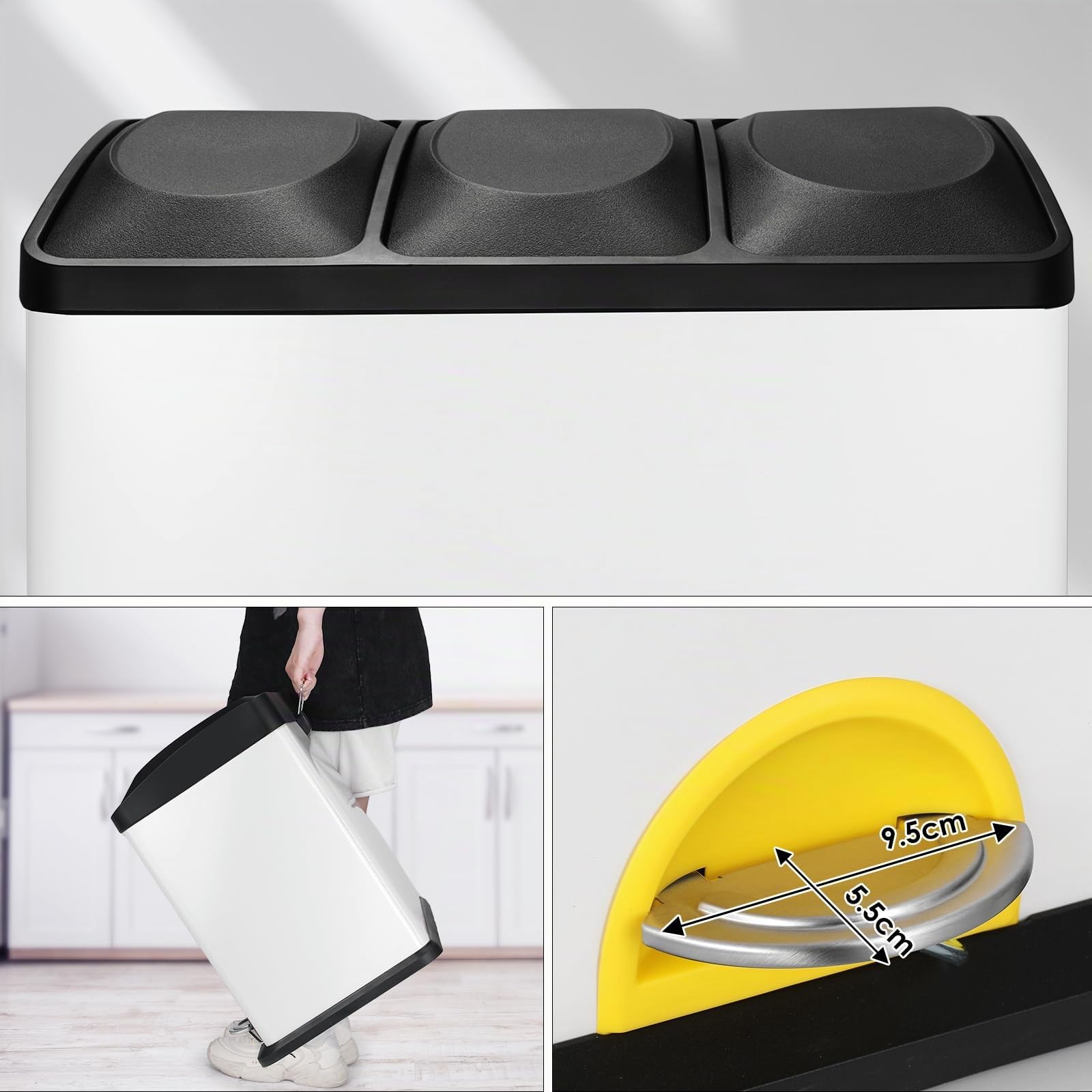 LIFERUN Cubo de Basura reciclaje 3 compartimentos, Papelera triple de cocina con pedal, Cubo de basura cocina de Metal 45 litros (3x15 L), Blanco