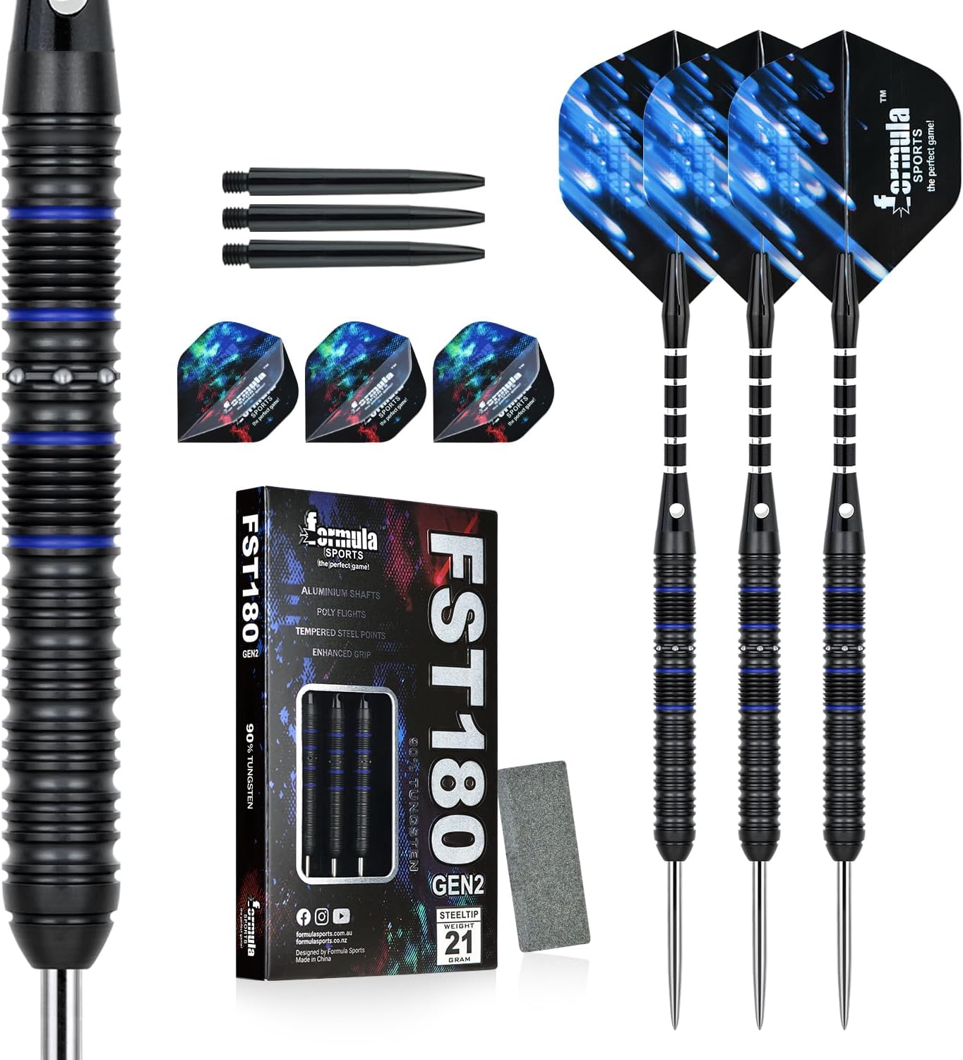 Formula Sports 90% Tungsten Steel Tip Darts Set - Professional Steel Tip Darts Set with Flights, Shafts and Sharpener, Available in 21g/22g/23g/24g