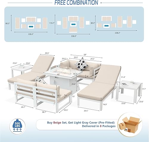 Miniatura 258 de NICESOUL 7 Piece White Powder-Coated Aluminum Patio Furniture with Fire Pit Table, 29 Inch Extra Wide Outdoor Sectional Sofa for 6, High-End Heavy