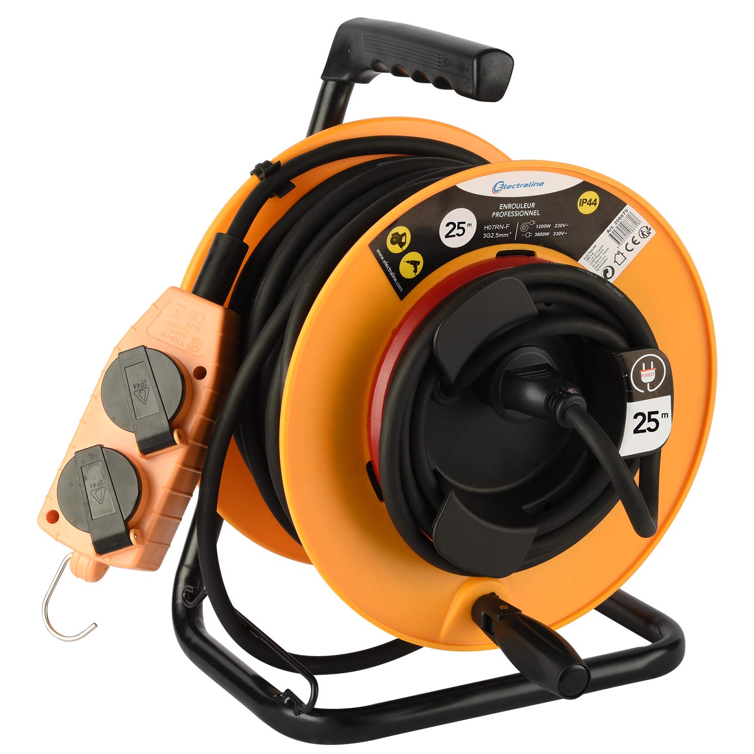 Electraline Pro-Line 208670 - Avvolgicavo elettrico professionale, 3G2,5 mm, 25 m, con blocco a 4 prese mobile, piastra fissa, colore: Giallo/Nero