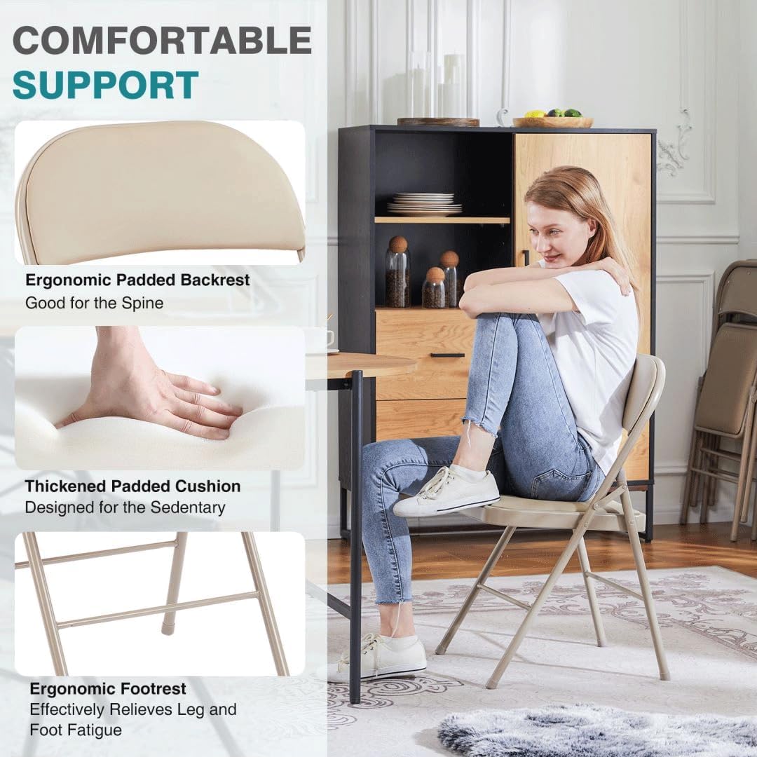 Padded Folding Chairs Set of 2, Portable Stackable Acrylic with Cushion for Outdoor Activities, Indoor Gatherings, Living Rooms and Office Meetings, Khaki