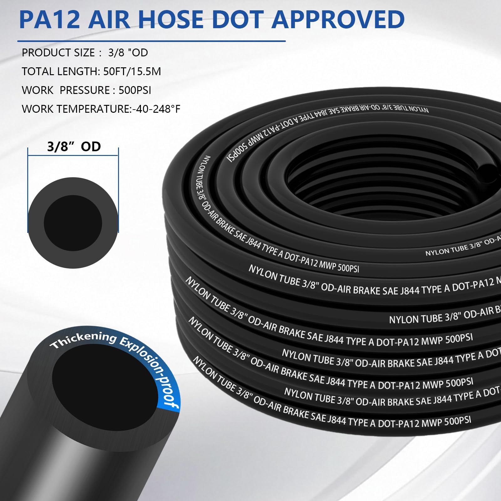 Línea de aire OD DOT de 50 pies de 3/8 pulgadas con 39 piezas de accesorios comprimidos, 15,5 metros SAE j844 PA manguera de aire de nailon, accesorios de empuje para sistema de freno de aire o