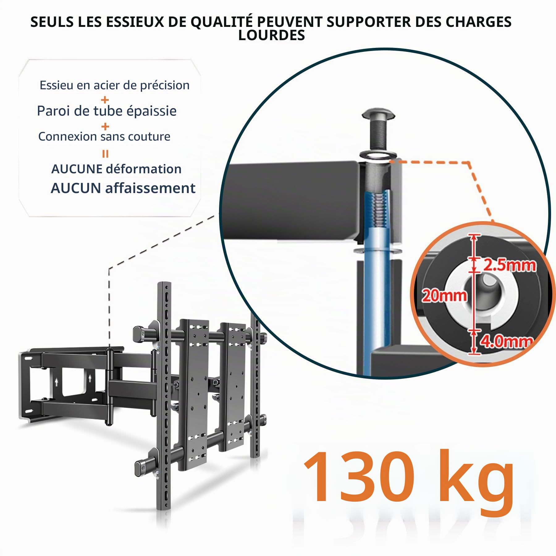 Support TV Mural Double Plaque 75-120 Pouces,130kg,VESA 1000×600 | Fixation Murale avec Double Bras, coulissant, orientable et inclinable, arbre en acier de précision, très résistant et stable