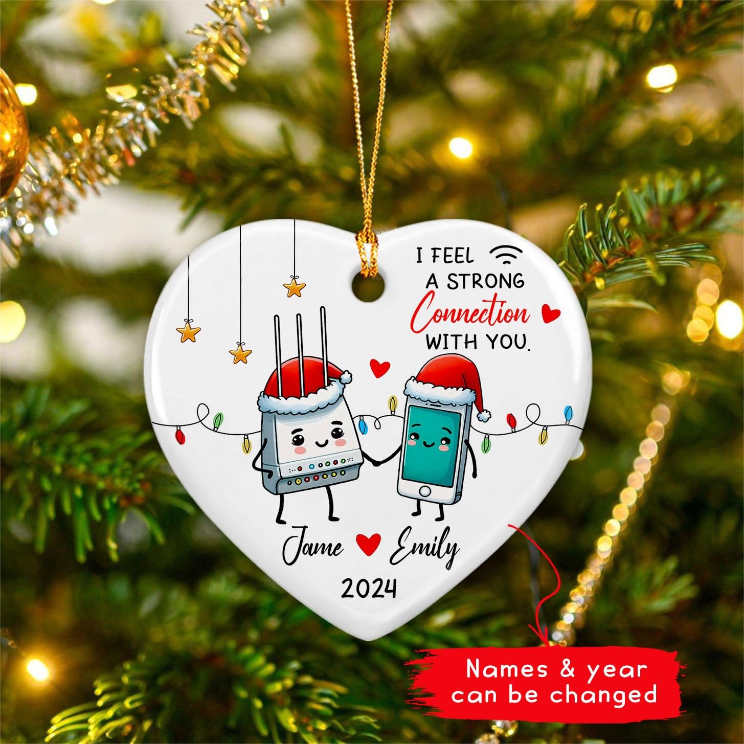 2025 Personalized Couple Family Christmas Ceramic Ornament, I Feel A Strong Connection with You Christmas Tree Ornament, Custom Date & Names Couple Dating Ceramic Christmas Ornament Gifts for Him Her