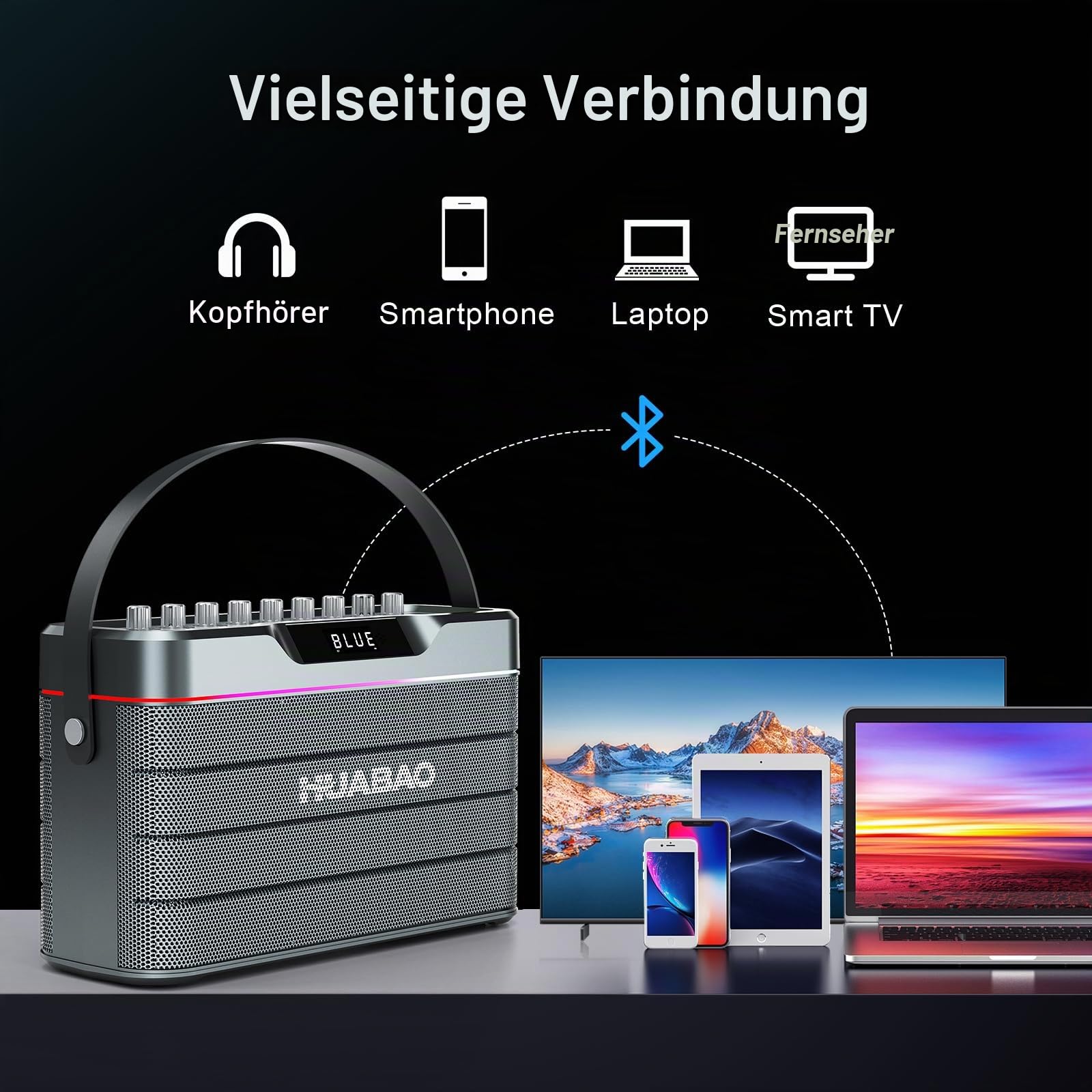 Karaoke-Maschine - 100W Bluetooth-Lautsprecher mit Super Bass, 2 drahtlose Mikrofone, tragbares PA-System mit LED-Leuchten, TWS-Paarung, Bass/Höhen/Echo-Einstellung, professioneller Lautsprecher