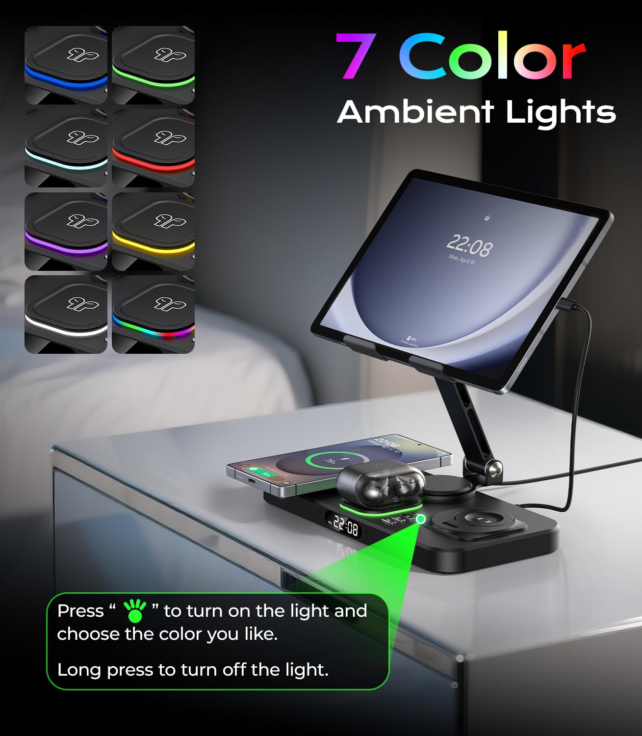 Meifigno Stazione di ricarica wireless da 45 W per più dispositivi Samsung, pieghevole 20 W con cavo caricabatterie per Galaxy Tab con orologio e luce, caricabatterie per S26/S25 Ultra/Z Fold 7 e Buds