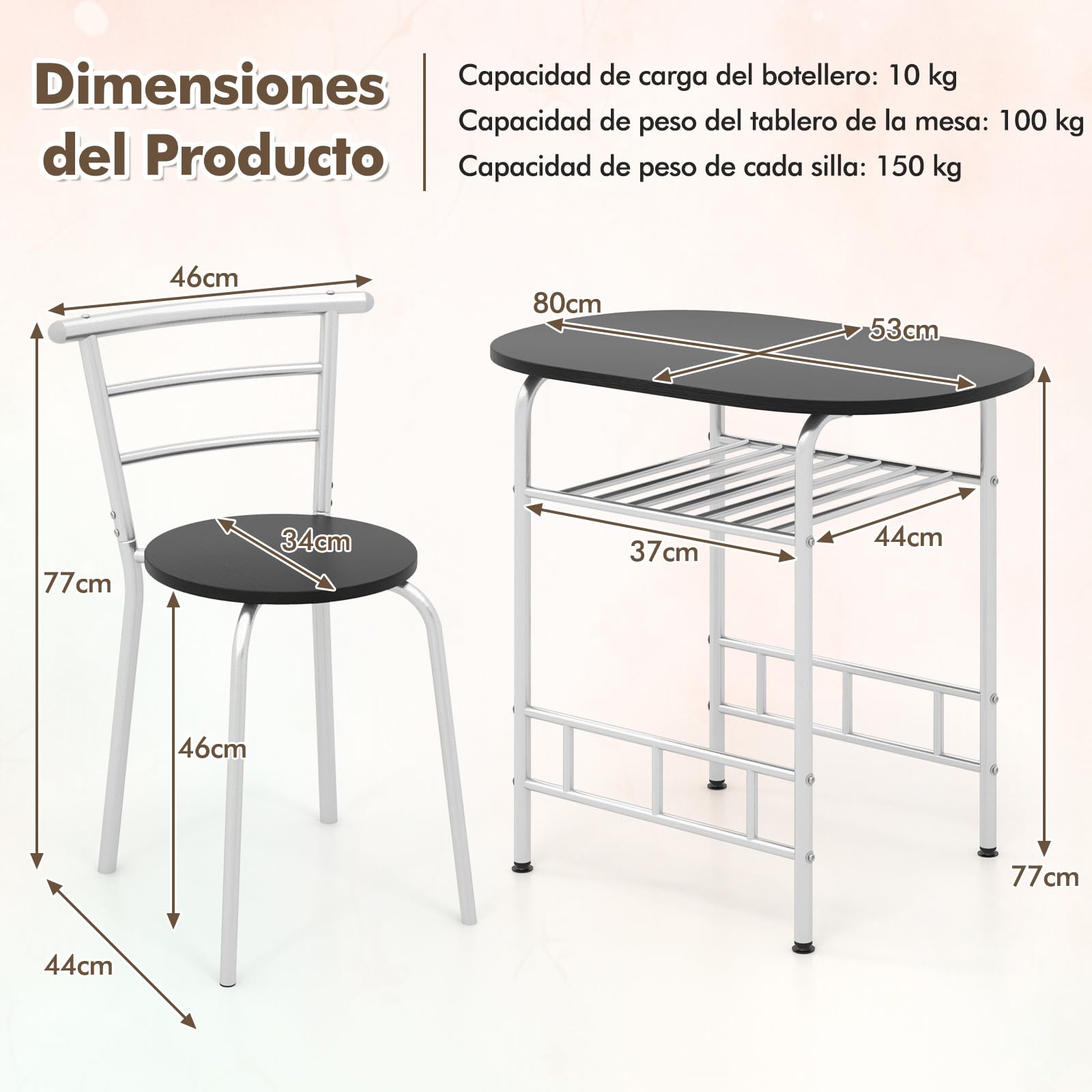 GIANTEX Juego de Comedor de 3 Piezas, 1 Mesa Ovalada Pequeña y 2 Sillas con Respaldo, con Botellero, Tablero de Mesa con Ventas de Madera, Marco de Metal, Ahorro Espacio (Negro+Plata)
