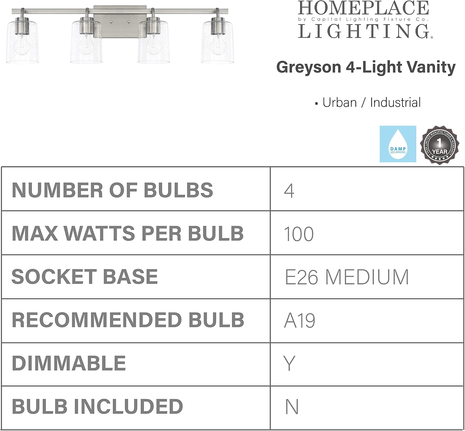 HomePlace Lighting 128541BN-449 Greyson Urban/Industrial Clear Seeded Glass Bathroom Vanity Wall Light, 4-Light 400 Total Watts, 9" H x 34" W, Brushed Nickel
