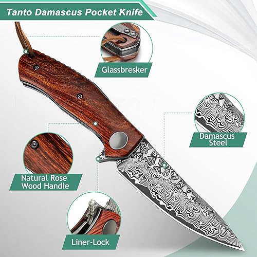 Miniatura 9 de Benkey Cuchillo plegable de Damasco con clip, funda de cuero, cuchillo de campamento EDC, cuchillo de bolsillo afilado de Damasco hecho a mano con