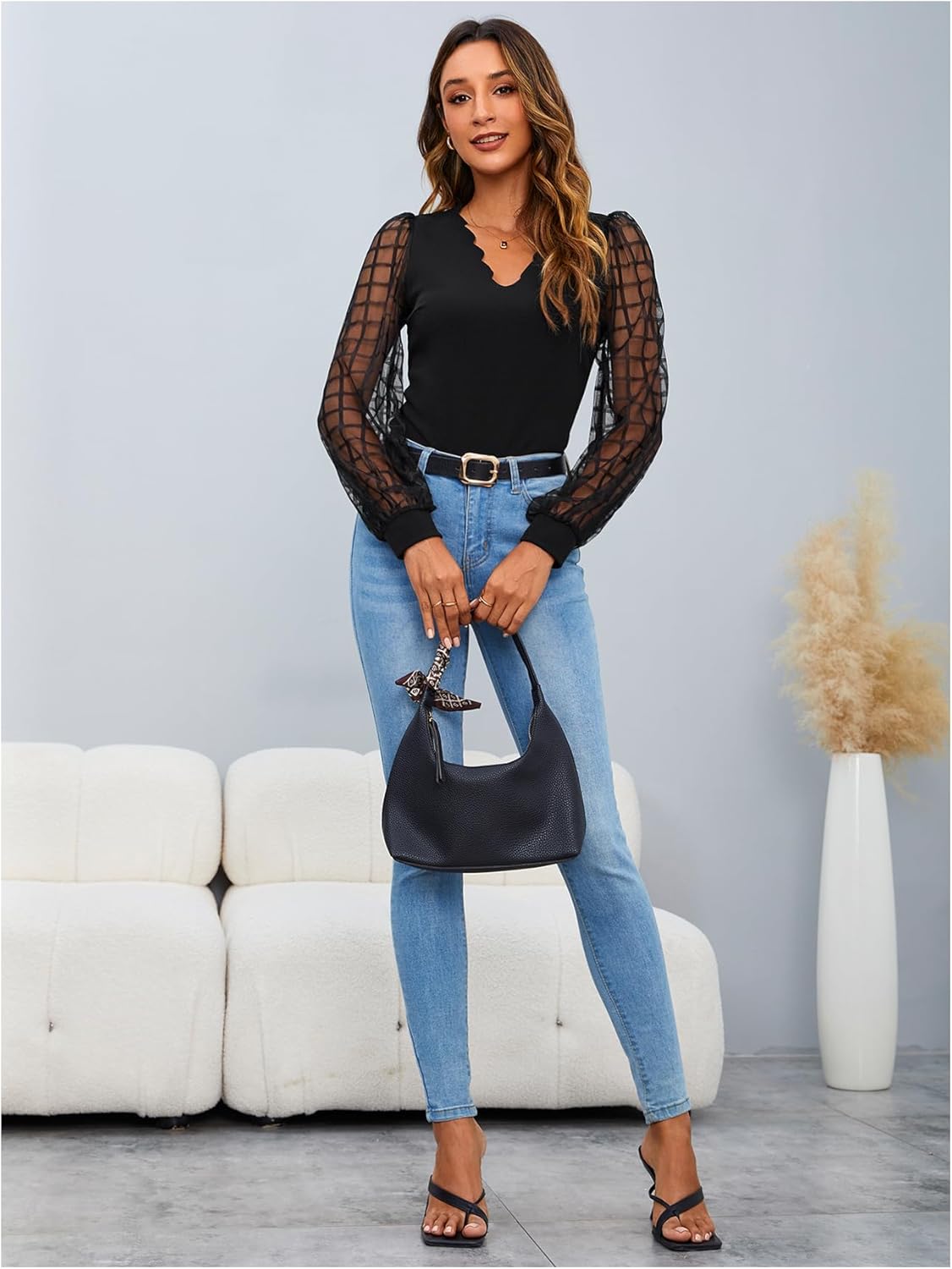 MakeMeChic Women's Sheer Mesh Puff Long Sleeve Shirts Going Out Tops Dressy Casual Work Blouse - Image 6