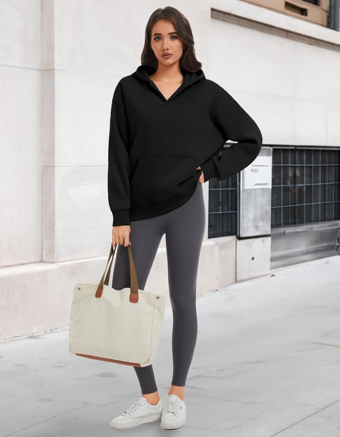 Womens Oversized Hoodies Casual Fleece Pullover V Neck Sweatshirt with Thumb Holes Fall Winter Trendy Top - Image 2