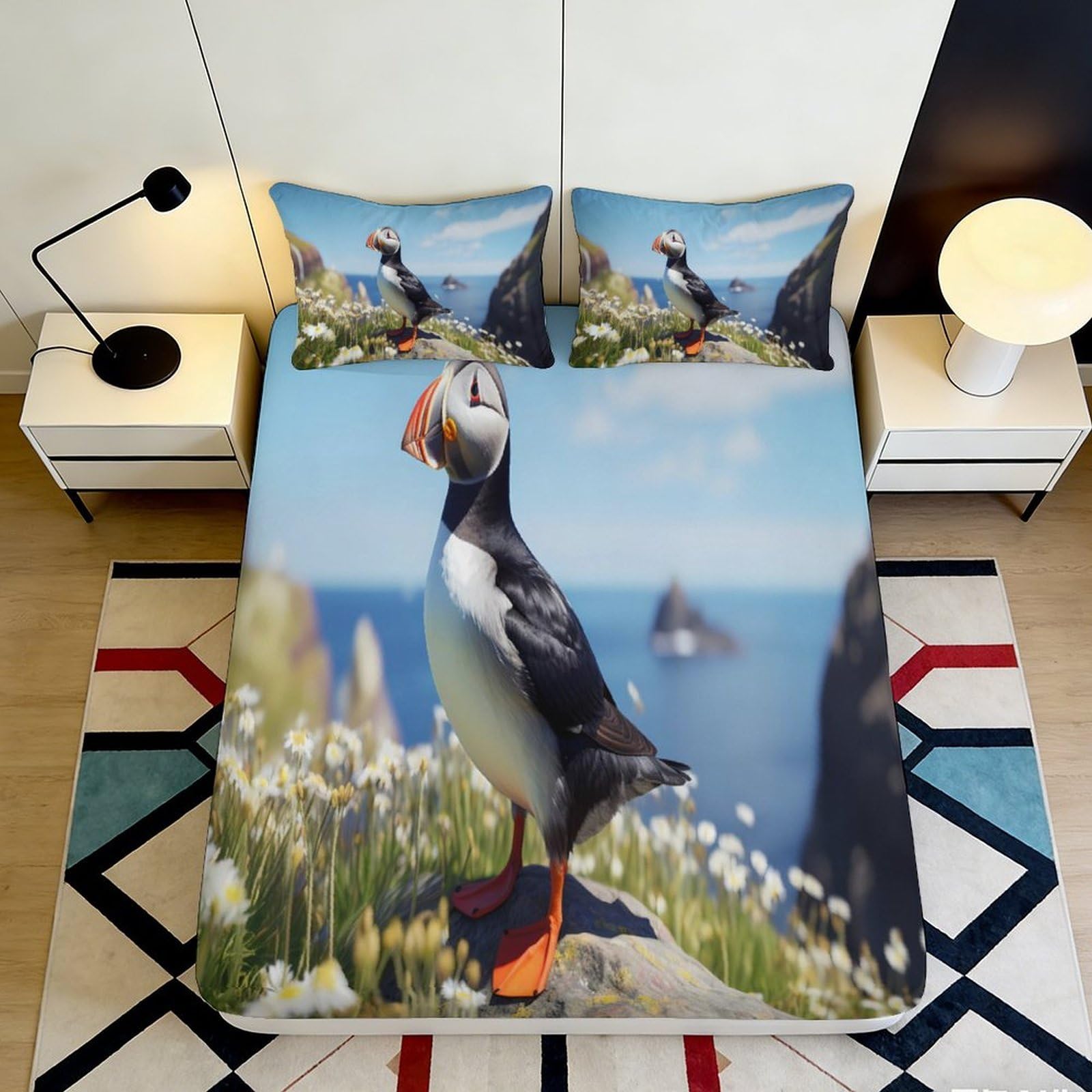 3D Printed Puffin Design Fitted Sheet Microfiber Deep Pocket Bedroom Bedding Puffin Mattress Fitted Cover Non-Slip Washable for Home 140x200x25cm