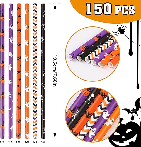 Miniatura 3 de 150 popotes de papel de Halloween, 6 estilos mixtos, pajitas desechables para fiestas de Halloween, suministros de decoración de fiesta de Halloween