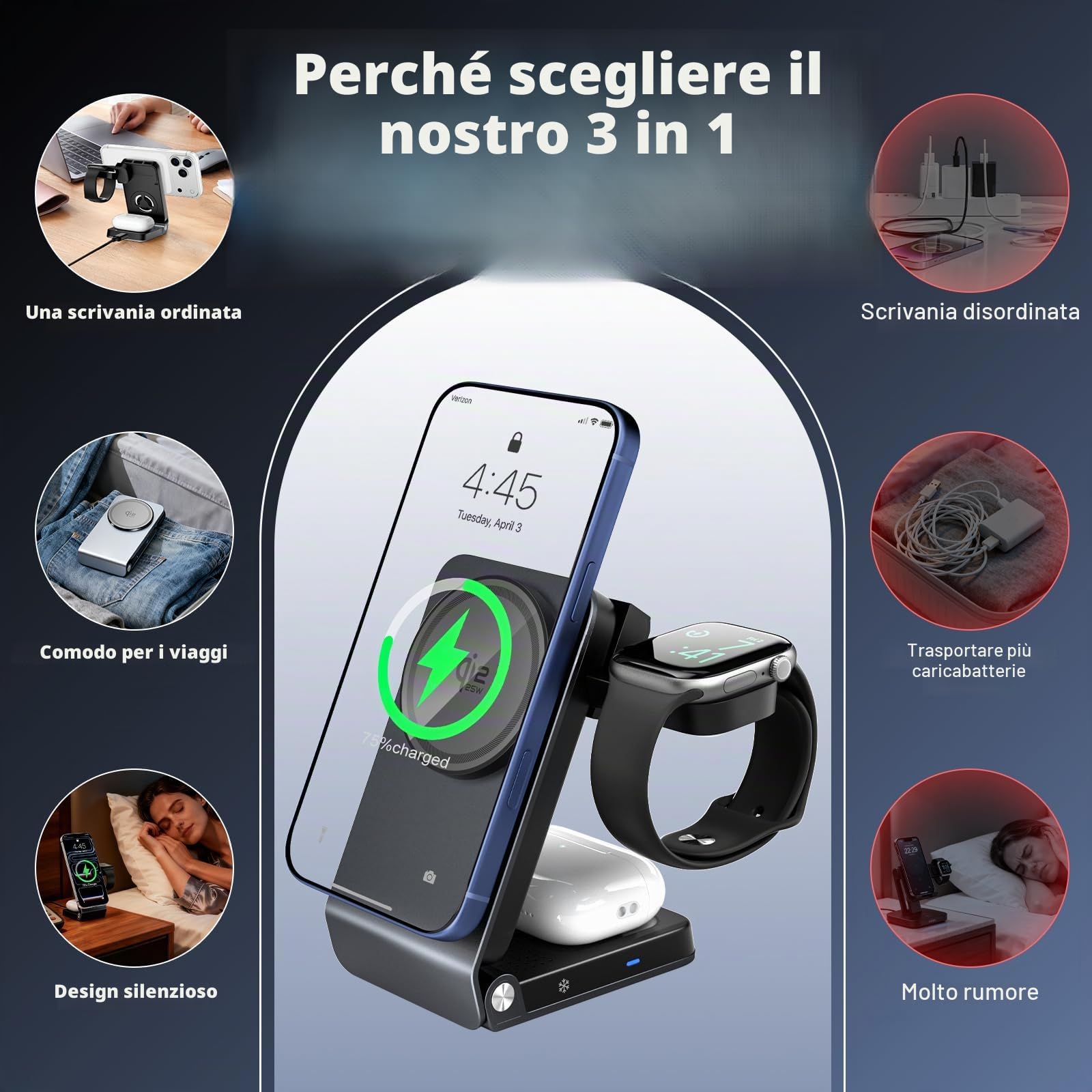 CloudValley 3 in 1 caricatore wireless per apple, Qi 2.2 25 W Ricarica rapida, compatibile con MagSafe, Robusto e durevole, Dissipazione attiva del calore, Portatile