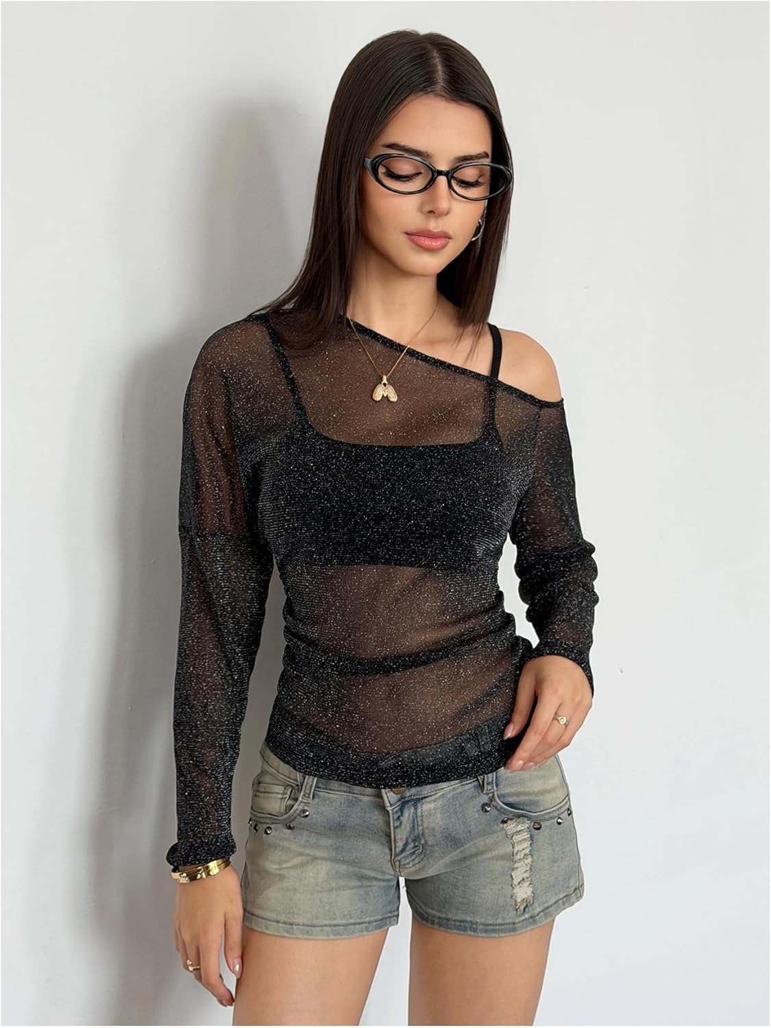 GORGLITTER Women's Mesh Tops Sheer See Through Long Sleeve Boat Neck T Shirts Cover Up Sexy Spring Outfits 2026 - Image 6