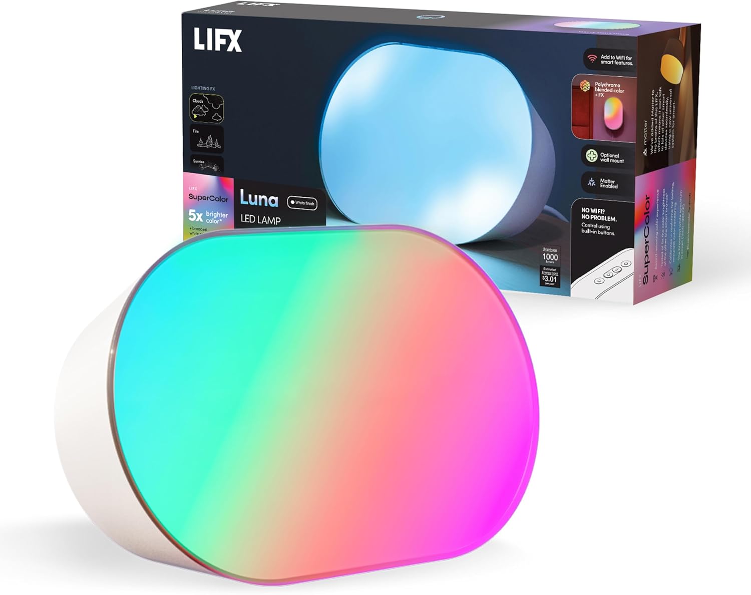 LIFX Luna Smart Lamp, 1000 LM Wi-Fi & Matter 1.3 Compatible, Alexa & Apple HomeKit Compatible, Plug-In Bedside Table Lamp & Wall-Mount, Color Changing Wall Wash, Sunrise/Sunset Effect, No Hub Required