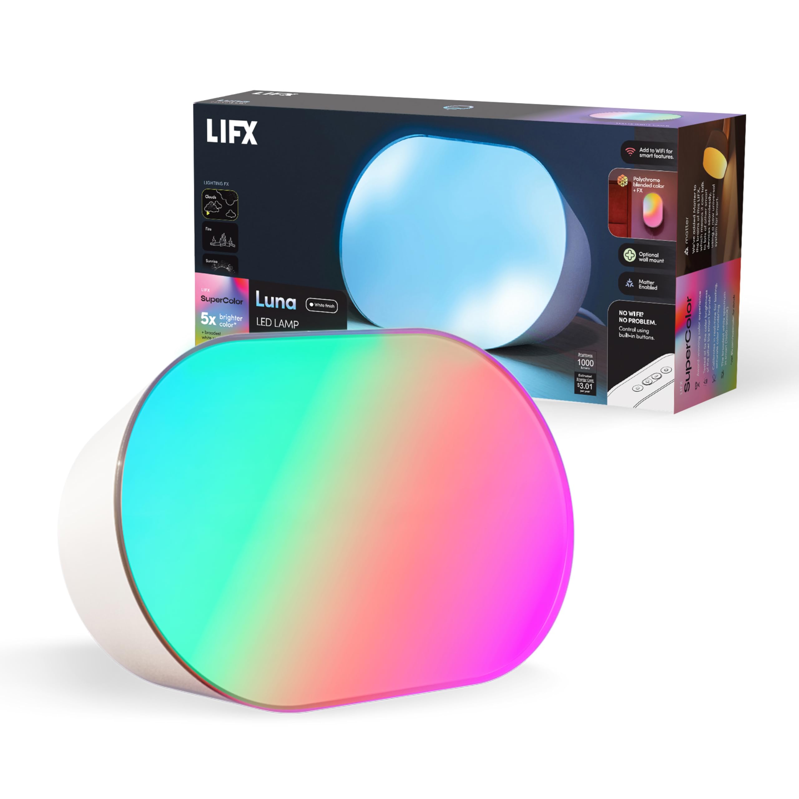 Photo 1 of **MISSING ADAPTER PLUG***LIFX Luna Smart Lamp, 1000 LM Wi-Fi & Matter 1.3 Compatible, Alexa & Apple HomeKit Compatible, Plug-In Bedside Table Lamp & Wall-Mount, Color Changing Wall Wash, Sunrise/Sunset Effect, No Hub Required