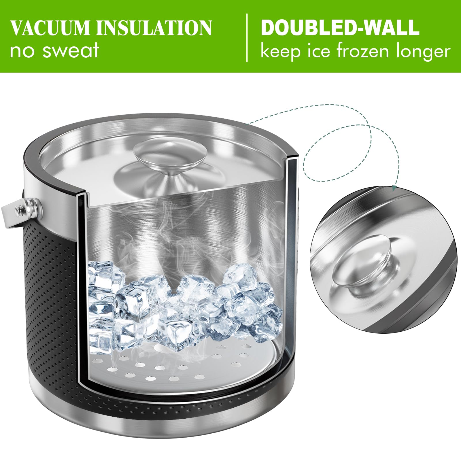 Cubo de hielo aislado de 3.2 L con tapa, cuchara, diseño de cuero, cubo de vino de acero inoxidable de doble pared para cóctel, bar, fiestas (negro)
