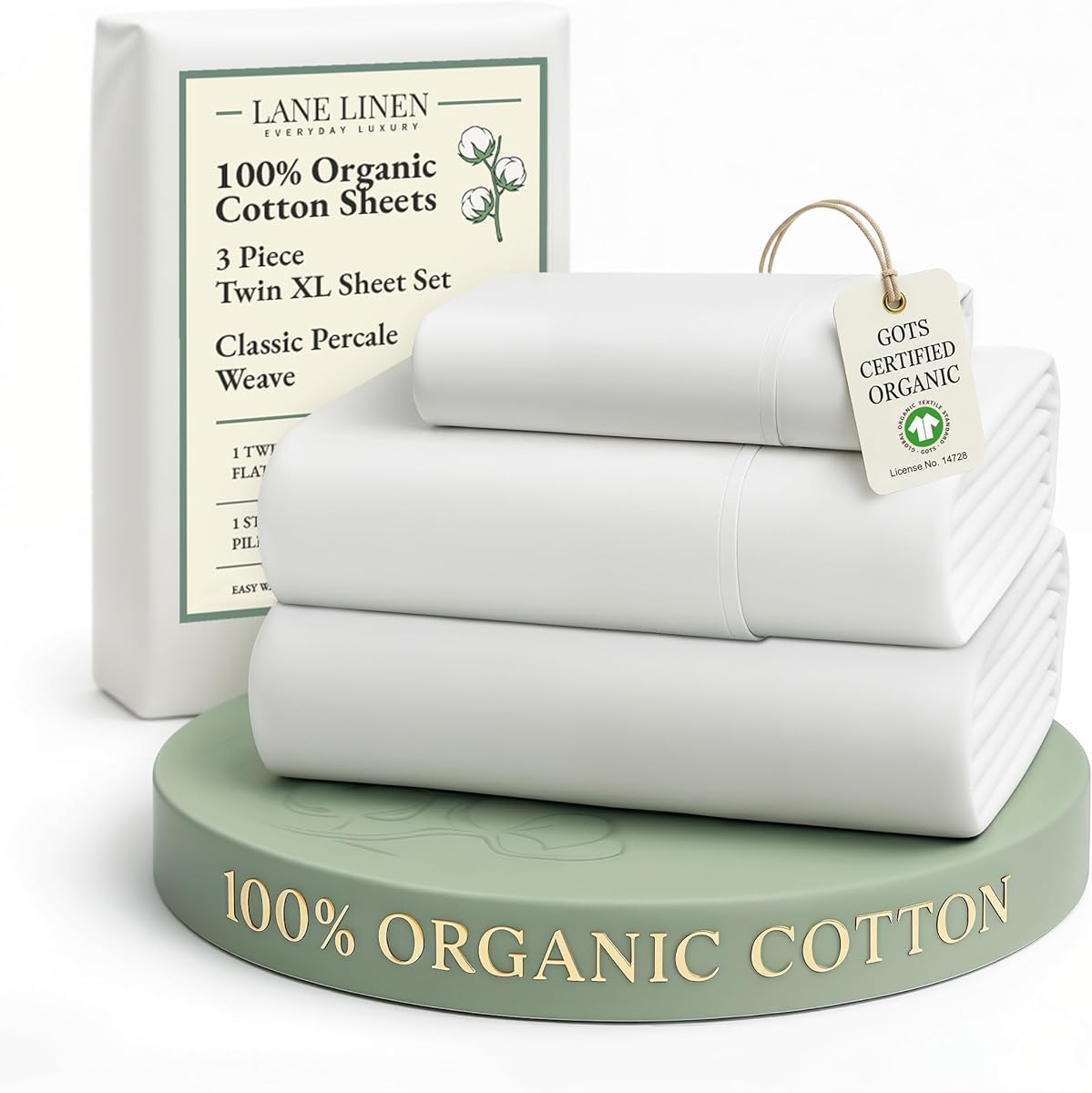 LANE LINEN 100% Organic Cotton White Twin XL Sheets Set 3-Piece Pure Percale Soft Bedding Breathable Fits Mattress Upto 15" Deep