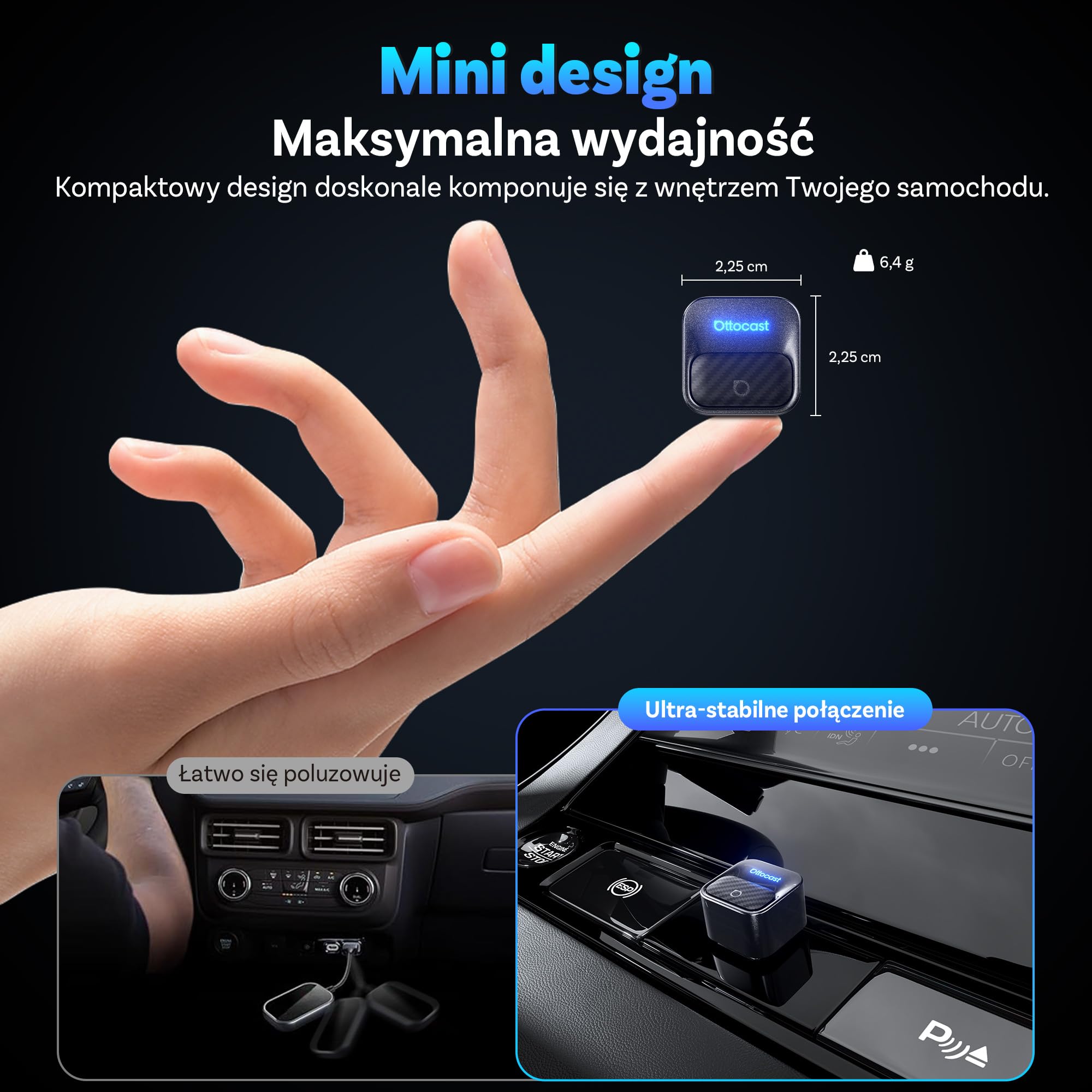 OTTOCAST Mini Core 2-w-1 Adapter Bezprzewodowy CarPlay & Android Auto 2026 | WiFi 6 & Bluetooth 5.4, Inteligentny Przycisk do Łatwego Rozłączania & Przełączania, USB-A/C dla Fabrycznych Aut CarPlay/AA